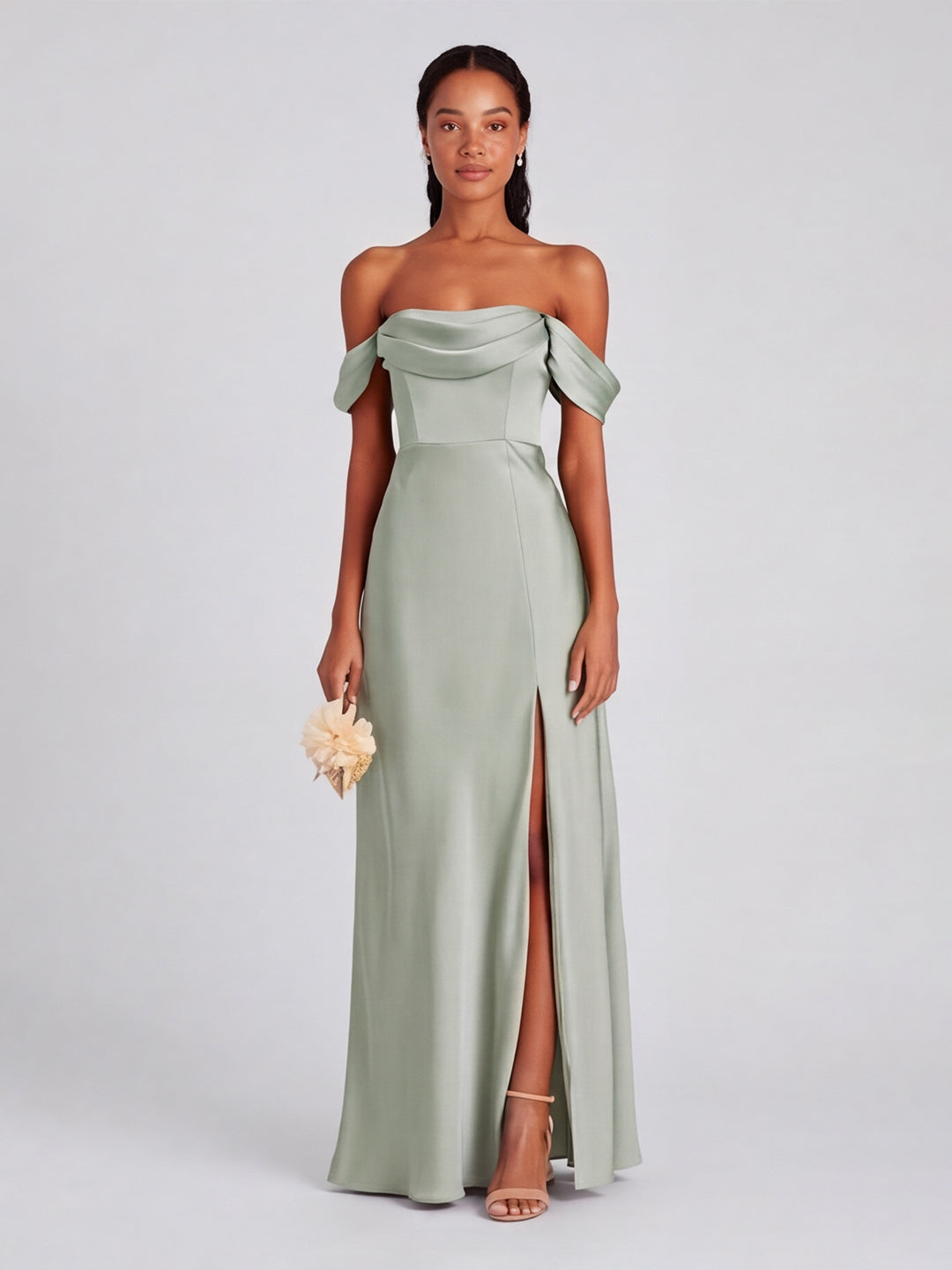 Elegant Dusty Sage Matte Satin A-Line Straight Neck Side Zip Ankle-Length Bridesmaid Dress