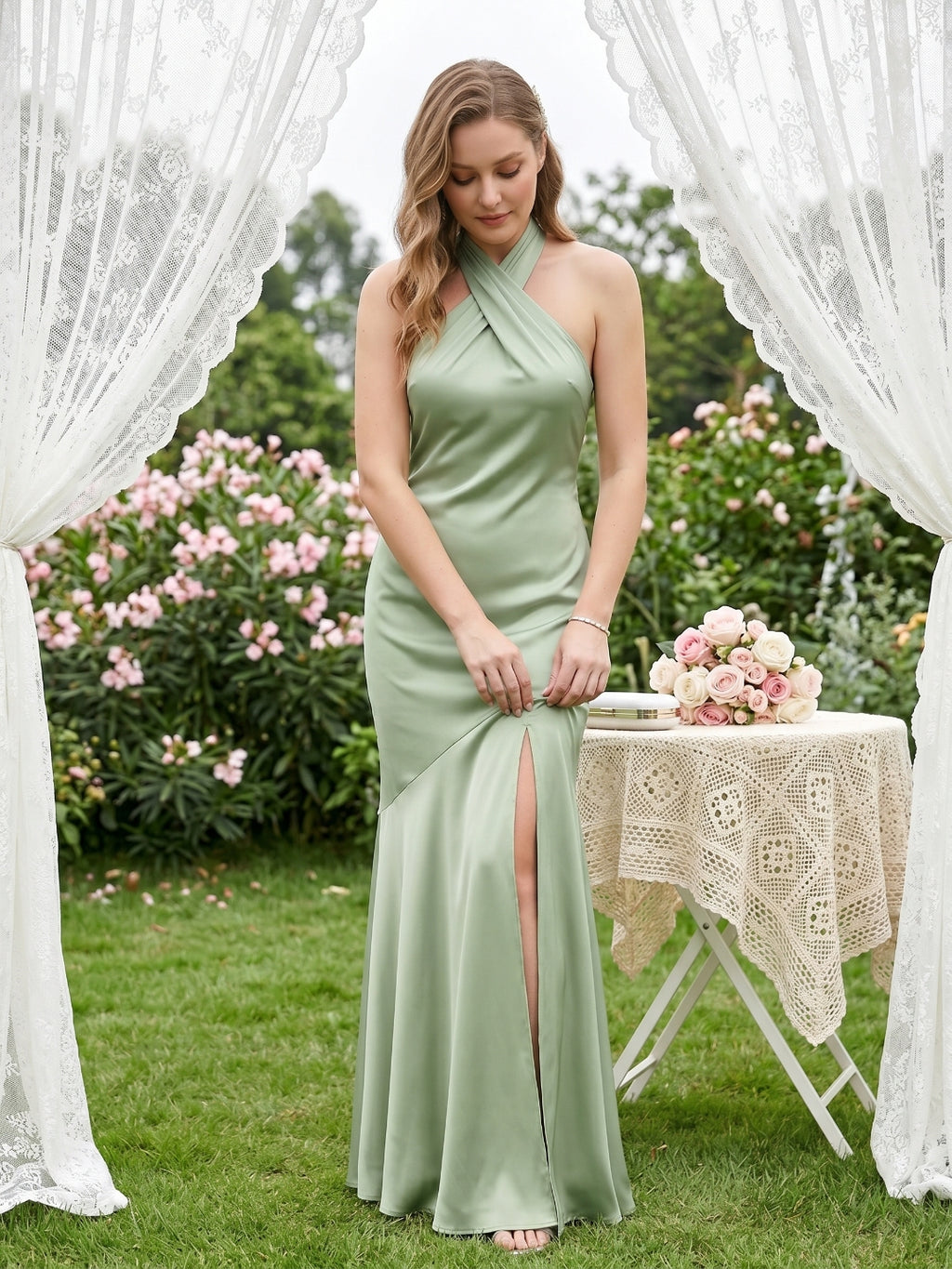 Elegant Dusty Sage Matte Satin mermaid Halter neckline Backless Ankle-Length Bridesmaid Dress