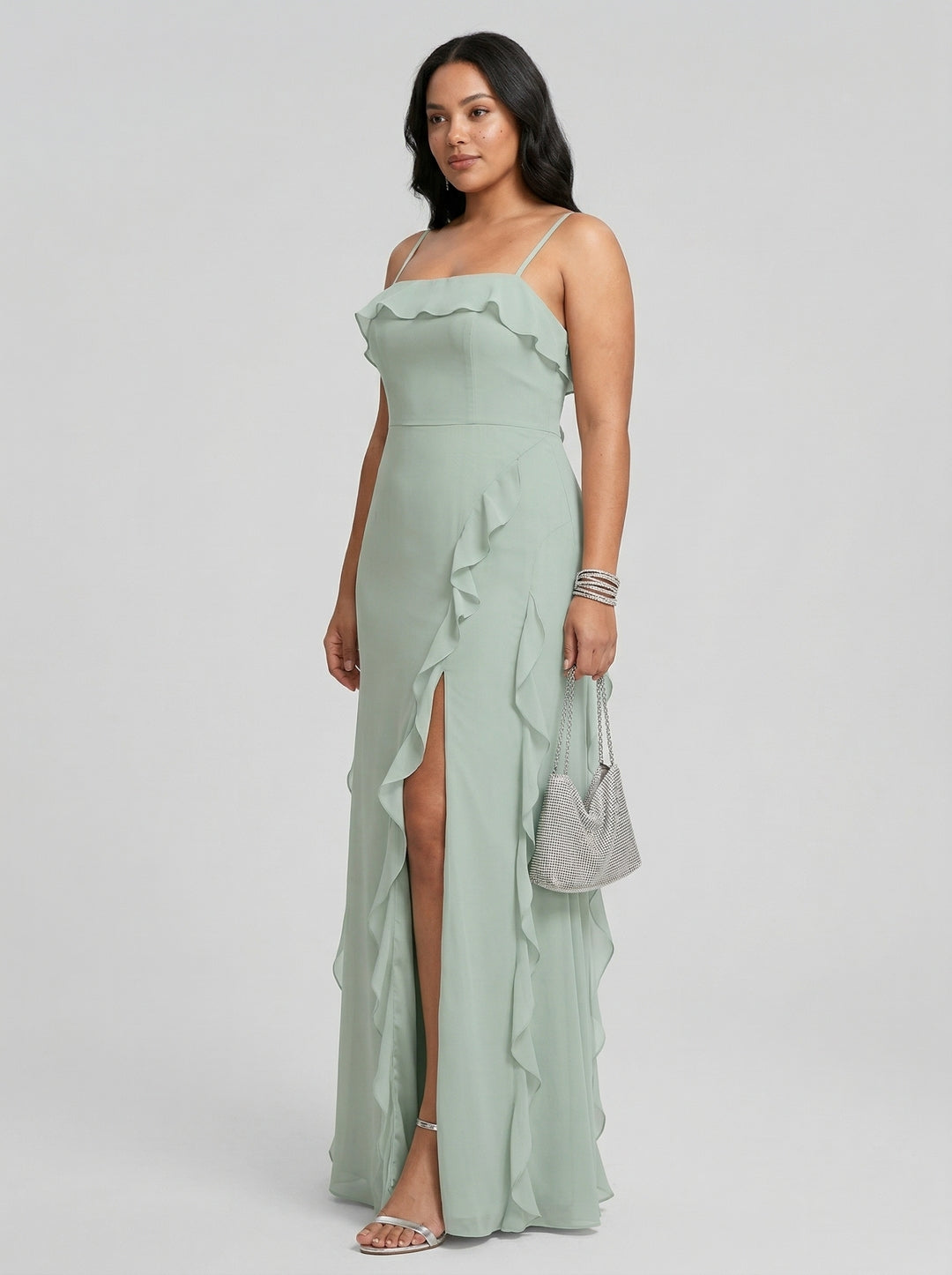 Elegant Mint Green Chiffon A-Line Straight Neck Backless with Ruffle Ankle-Length Plus Size Bridesmaid Dress