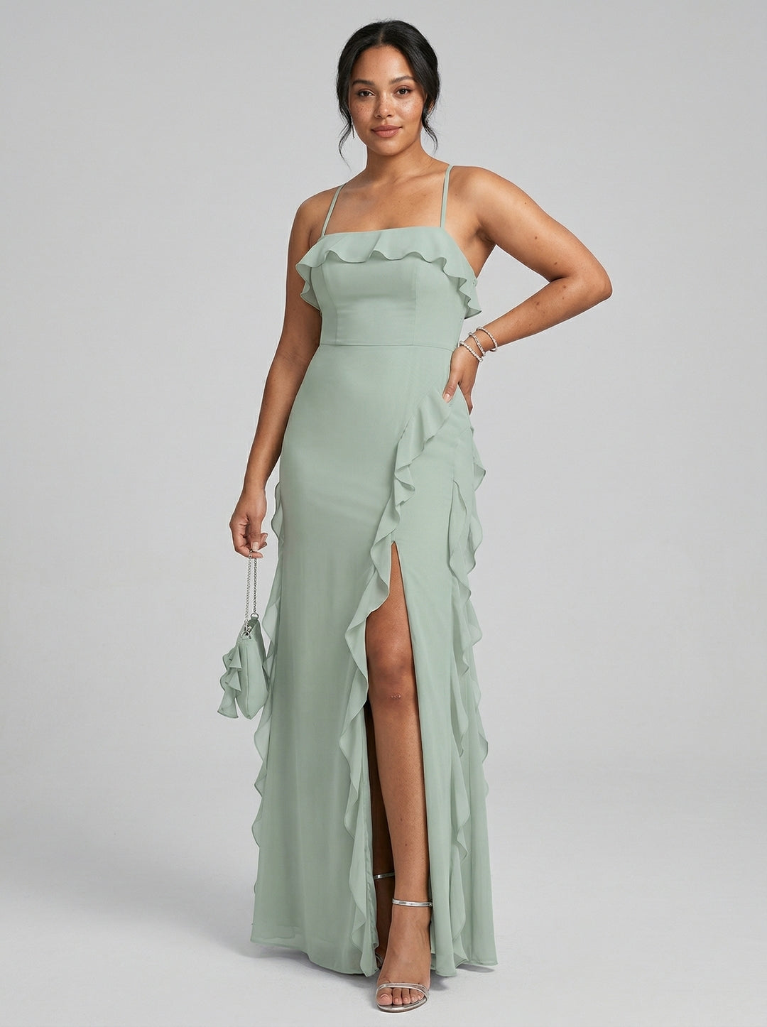 Elegant Mint Green Chiffon A-Line Straight Neck Backless with Ruffle Ankle-Length Plus Size Bridesmaid Dress