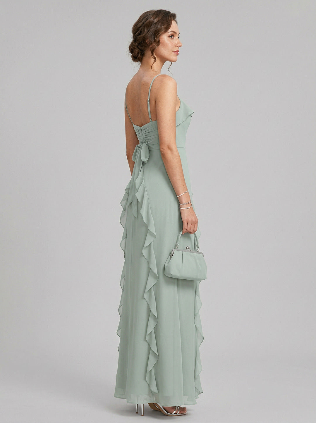 Elegant Mint Green Chiffon A-Line Straight Neck Backless with Ruffle Ankle-Length Plus Size Bridesmaid Dress