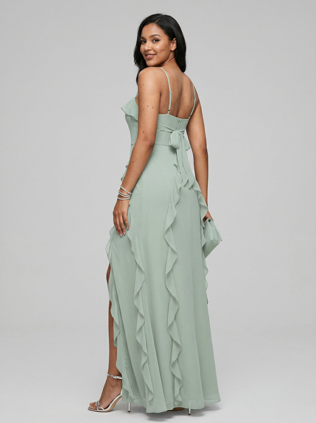 Elegant Mint Green Chiffon A-Line Straight Neck Backless with Ruffle Ankle-Length Plus Size Bridesmaid Dress