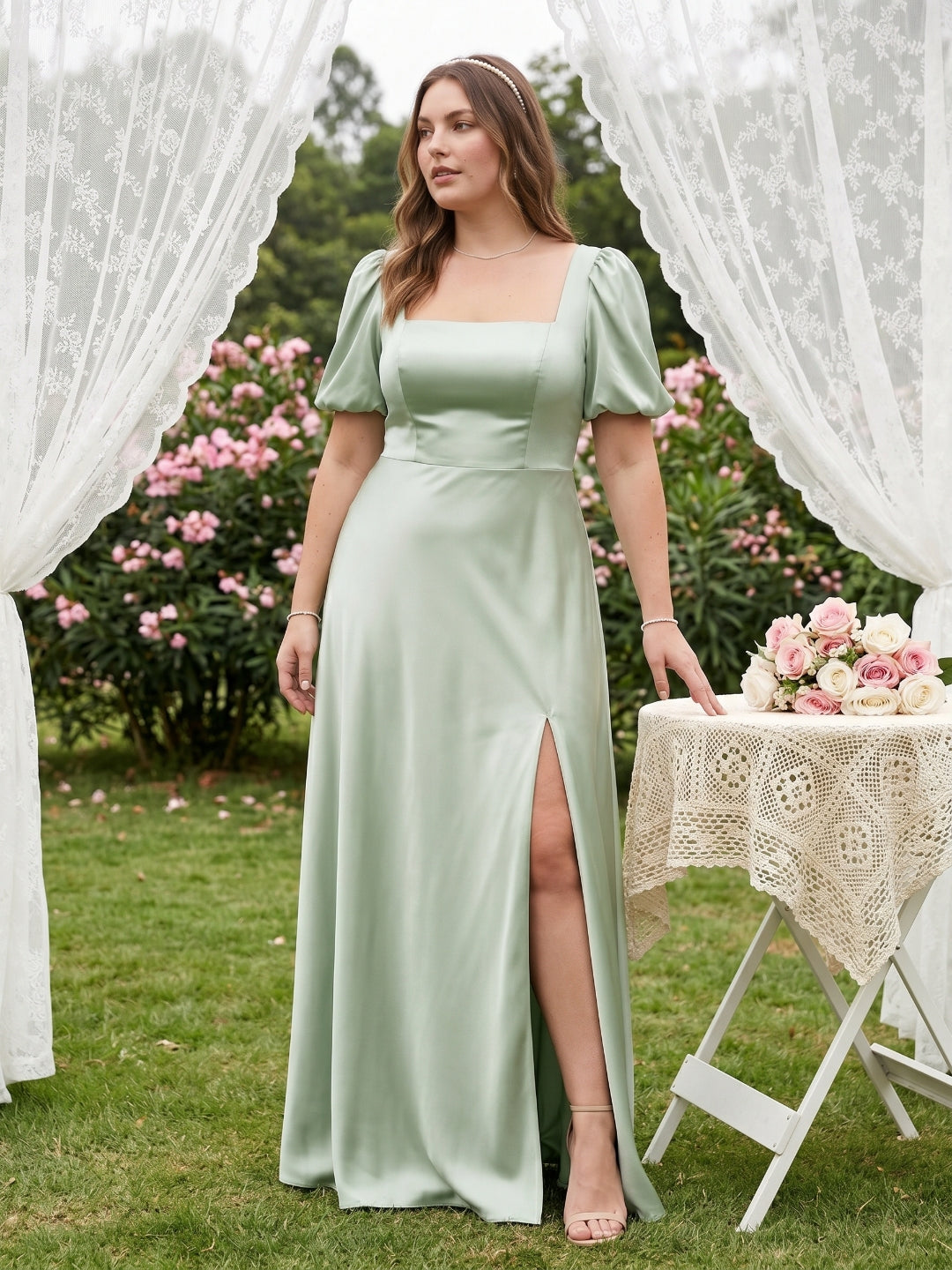 Elegant Dusty Sage Satin A-Line Square Neck Backless Ankle-Length Plus Size Bridesmaid Dress
