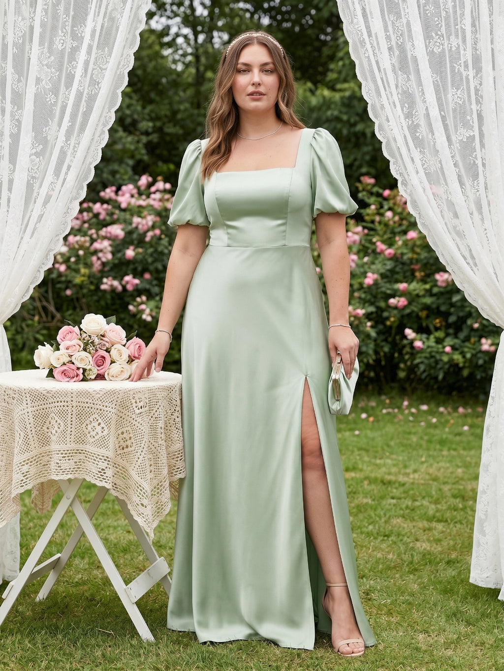 Elegant Dusty Sage Satin A-Line Square Neck Backless Ankle-Length Plus Size Bridesmaid Dress