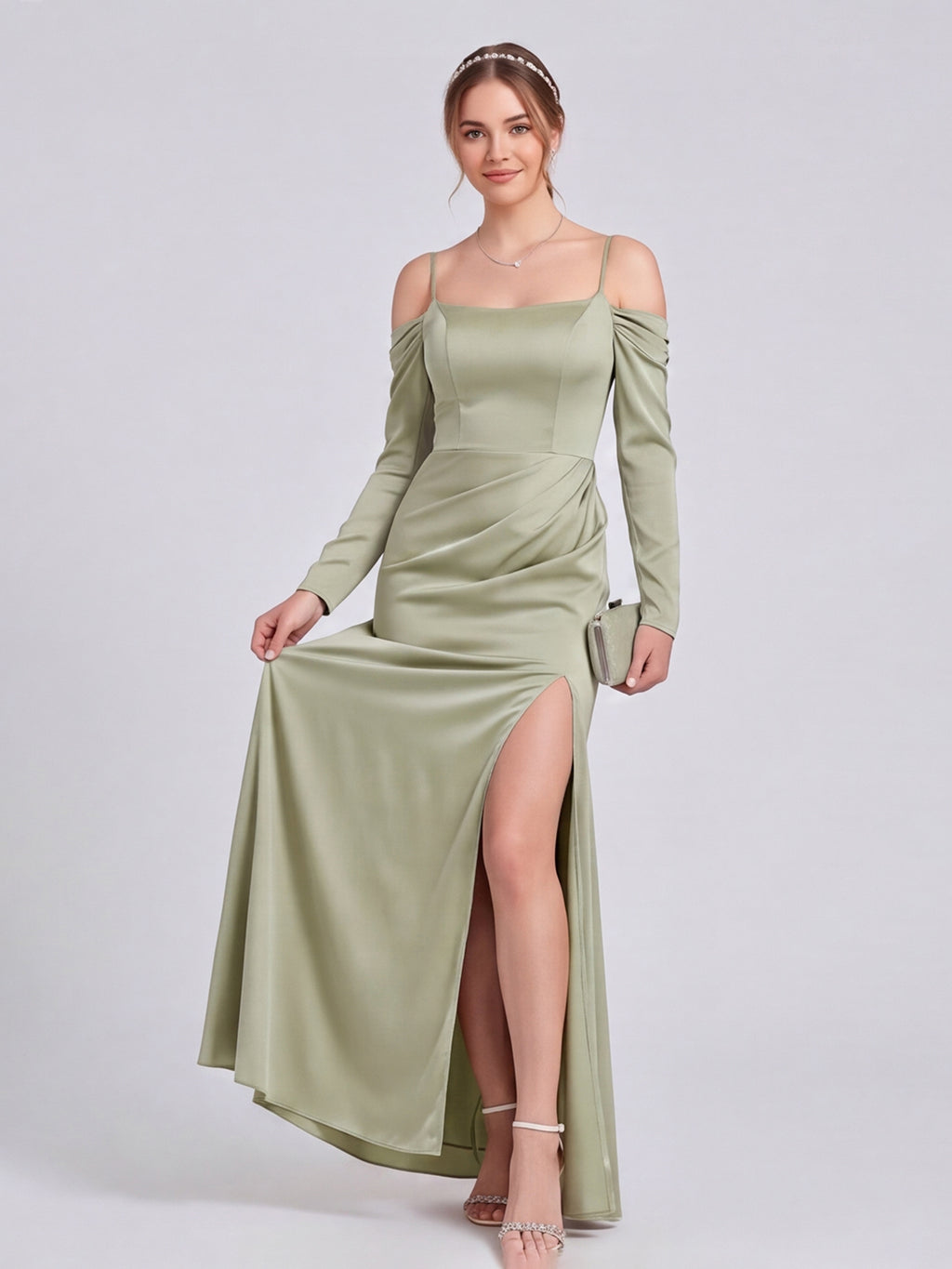 Elegant Dusty Sage Satin Sheath Straight Neck Backless Ankle-Length Bridesmaid Dress