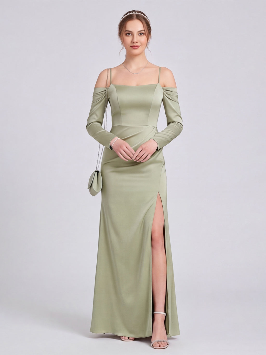 Elegant Dusty Sage Satin Sheath Straight Neck Backless Ankle-Length Bridesmaid Dress
