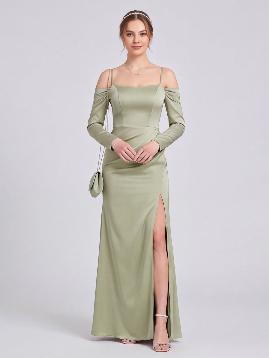 Elegant Dusty Sage Satin Sheath Straight Neck Backless Ankle-Length Bridesmaid Dress