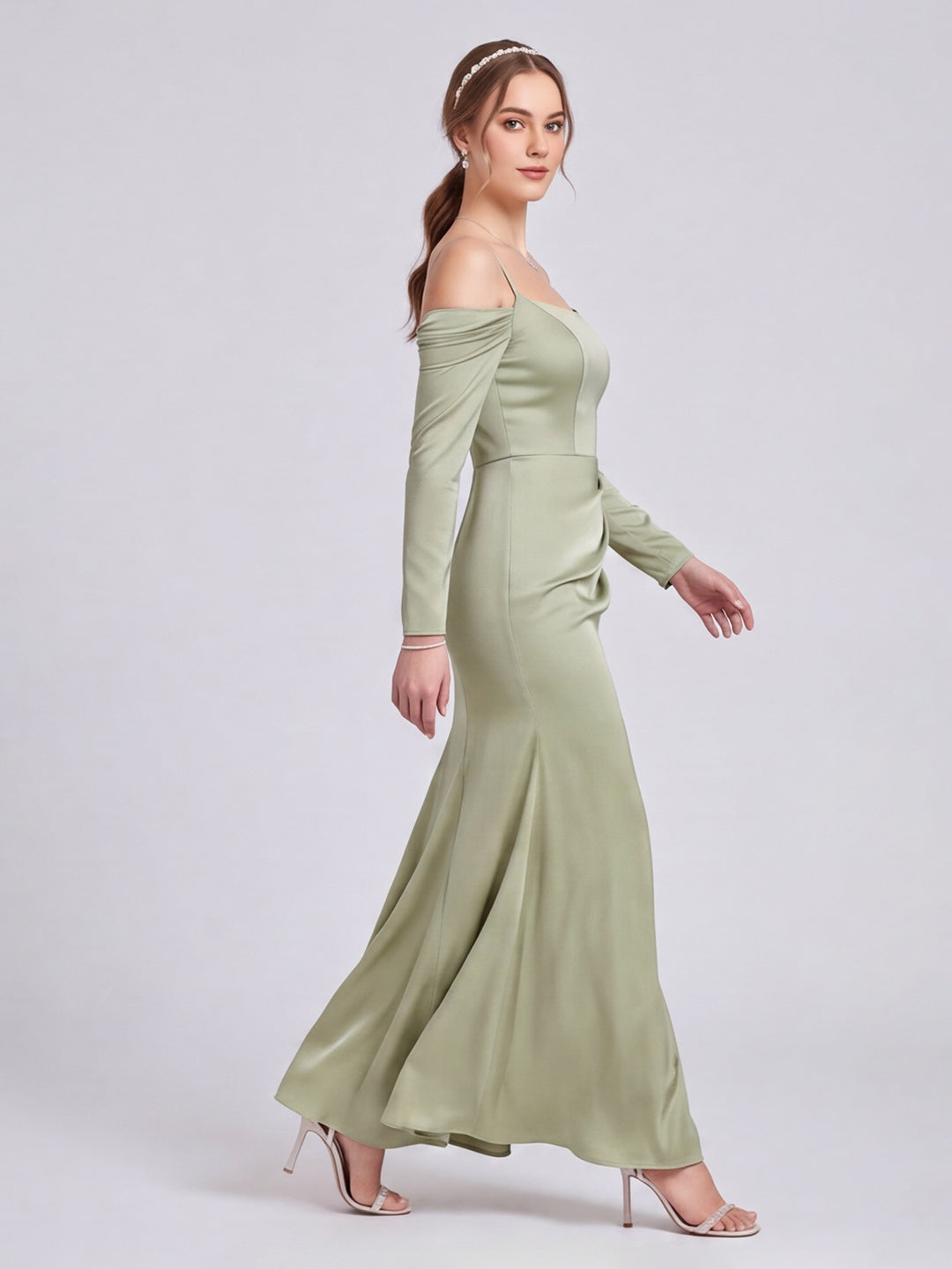 Elegant Dusty Sage Satin Sheath Straight Neck Backless Ankle-Length Bridesmaid Dress
