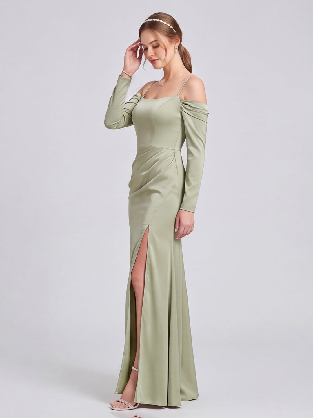 Elegant Dusty Sage Satin Sheath Straight Neck Backless Ankle-Length Bridesmaid Dress