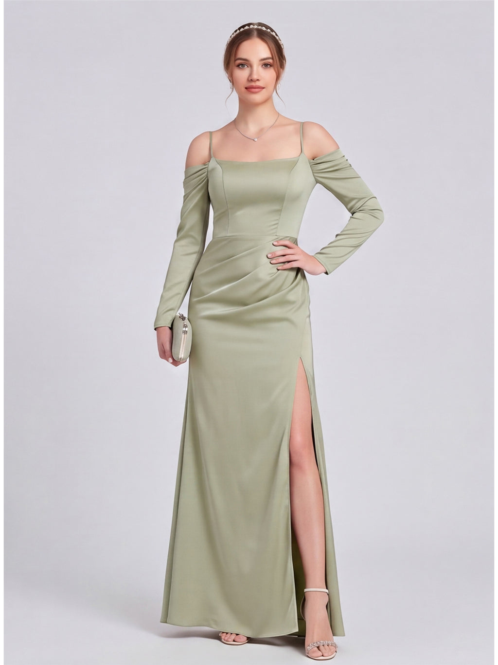Elegant Dusty Sage Satin Sheath Straight Neck Backless Ankle-Length Bridesmaid Dress