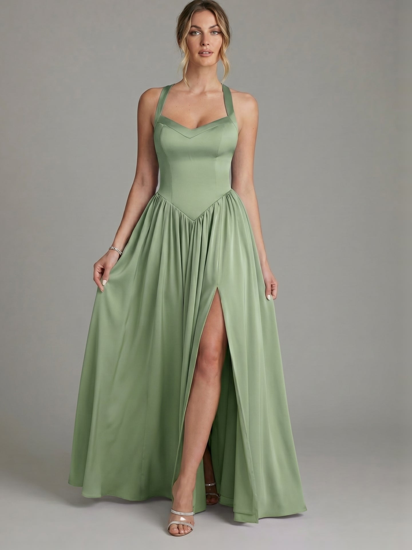 Elegant Dusty Sage Satin A-Line Sweetheart Ankle-Length Bridesmaid Dress