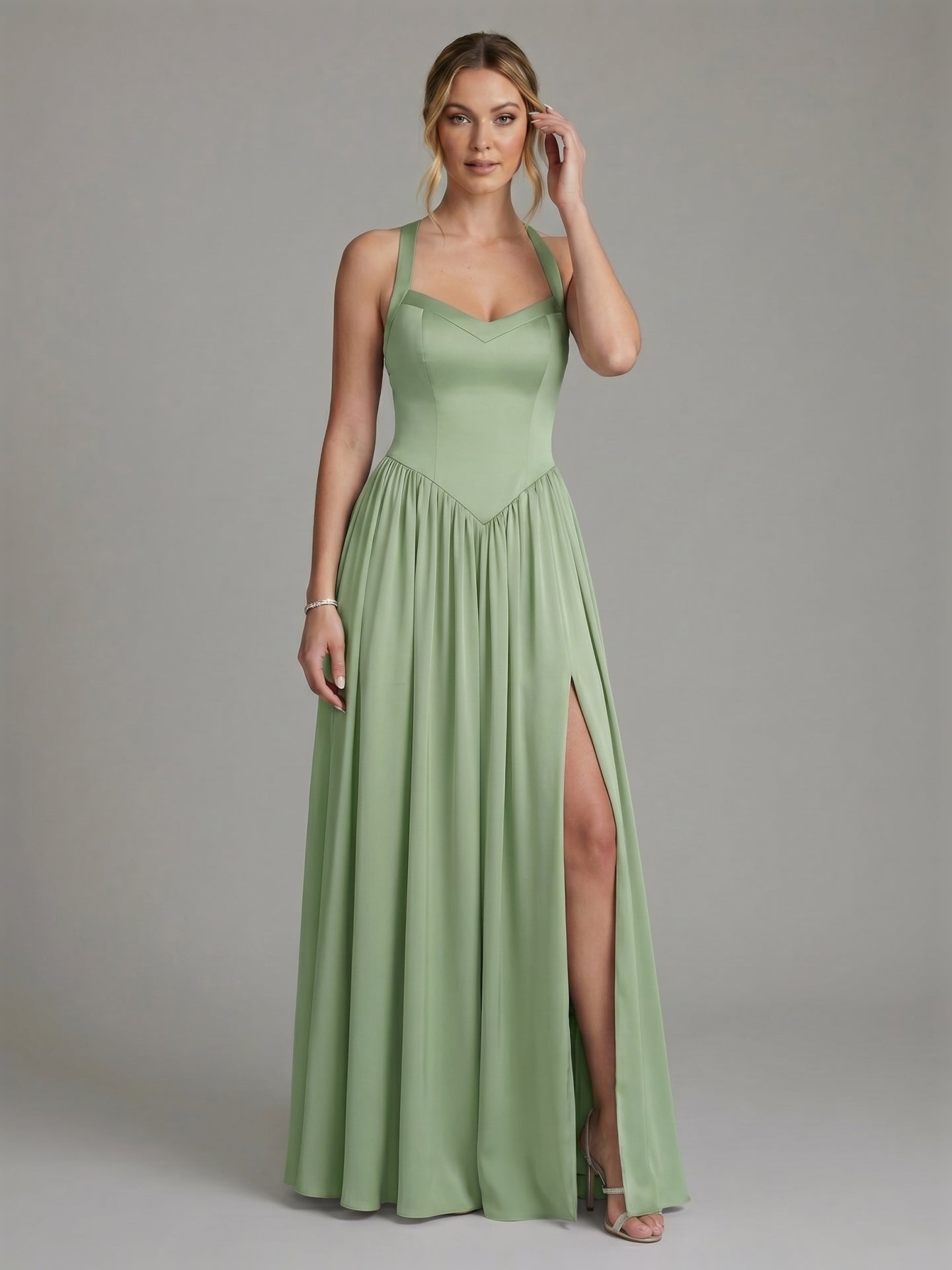 Elegant Dusty Sage Satin A-Line Sweetheart Ankle-Length Bridesmaid Dress