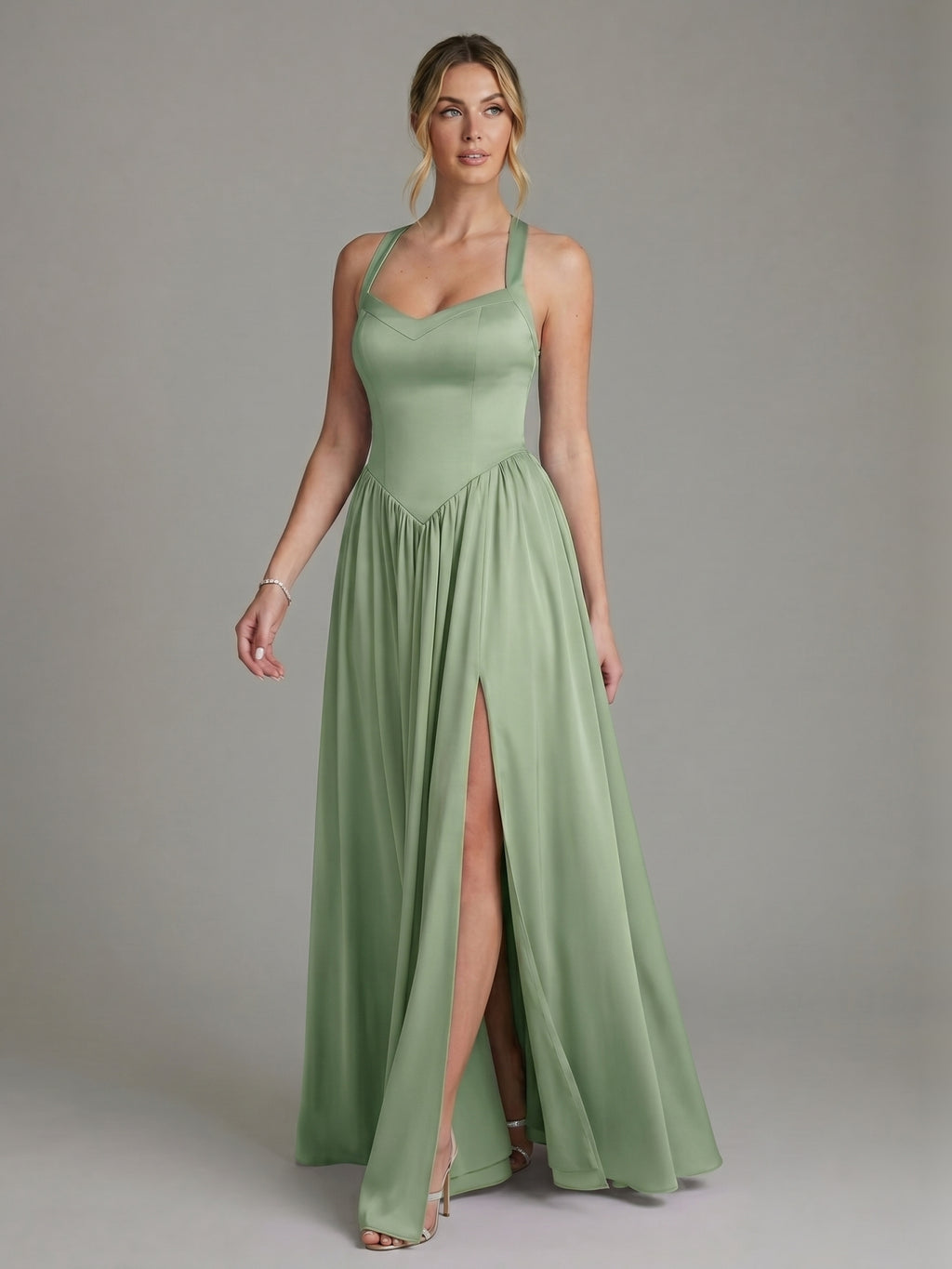 Elegant Dusty Sage Satin A-Line Sweetheart Ankle-Length Bridesmaid Dress
