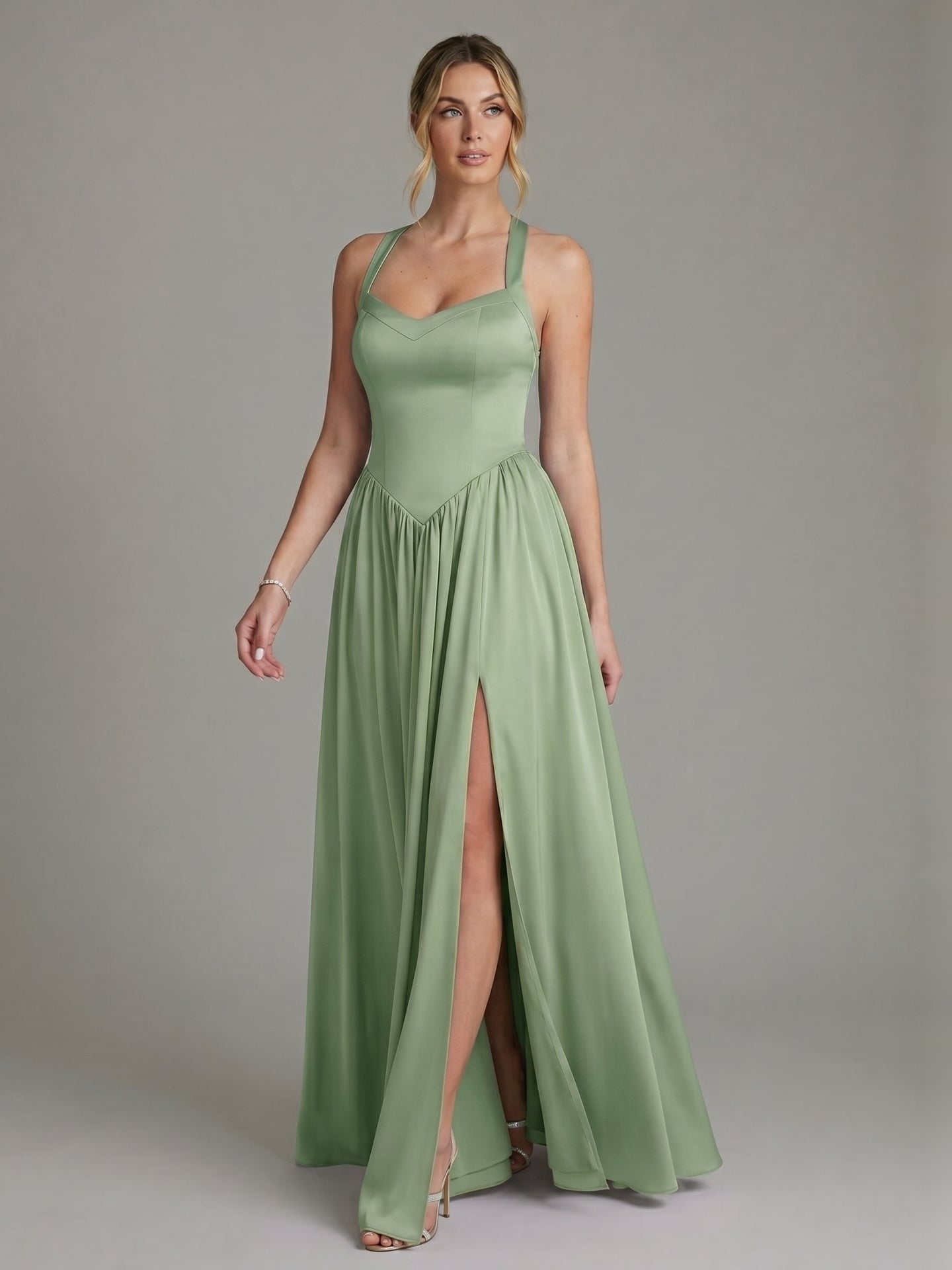 Elegant Dusty Sage Satin A-Line Sweetheart Ankle-Length Bridesmaid Dress