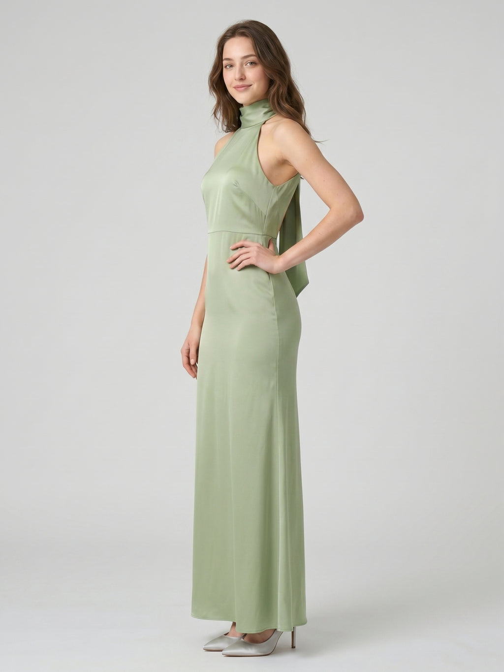 Elegant Dusty Sage Satin Column Halter Neck Backless Ankle-Length Bridesmaid Dress