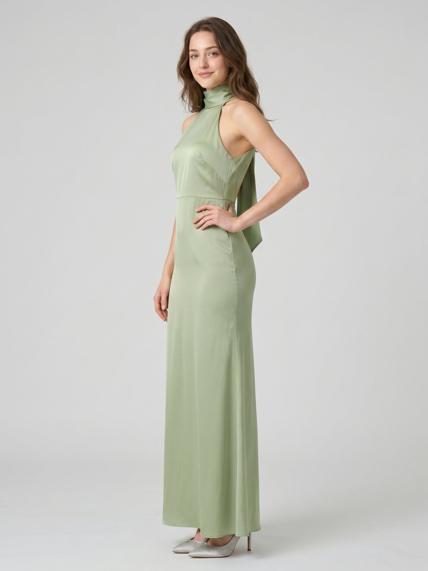 Elegant Dusty Sage Satin Column Halter Neck Backless Ankle-Length Bridesmaid Dress