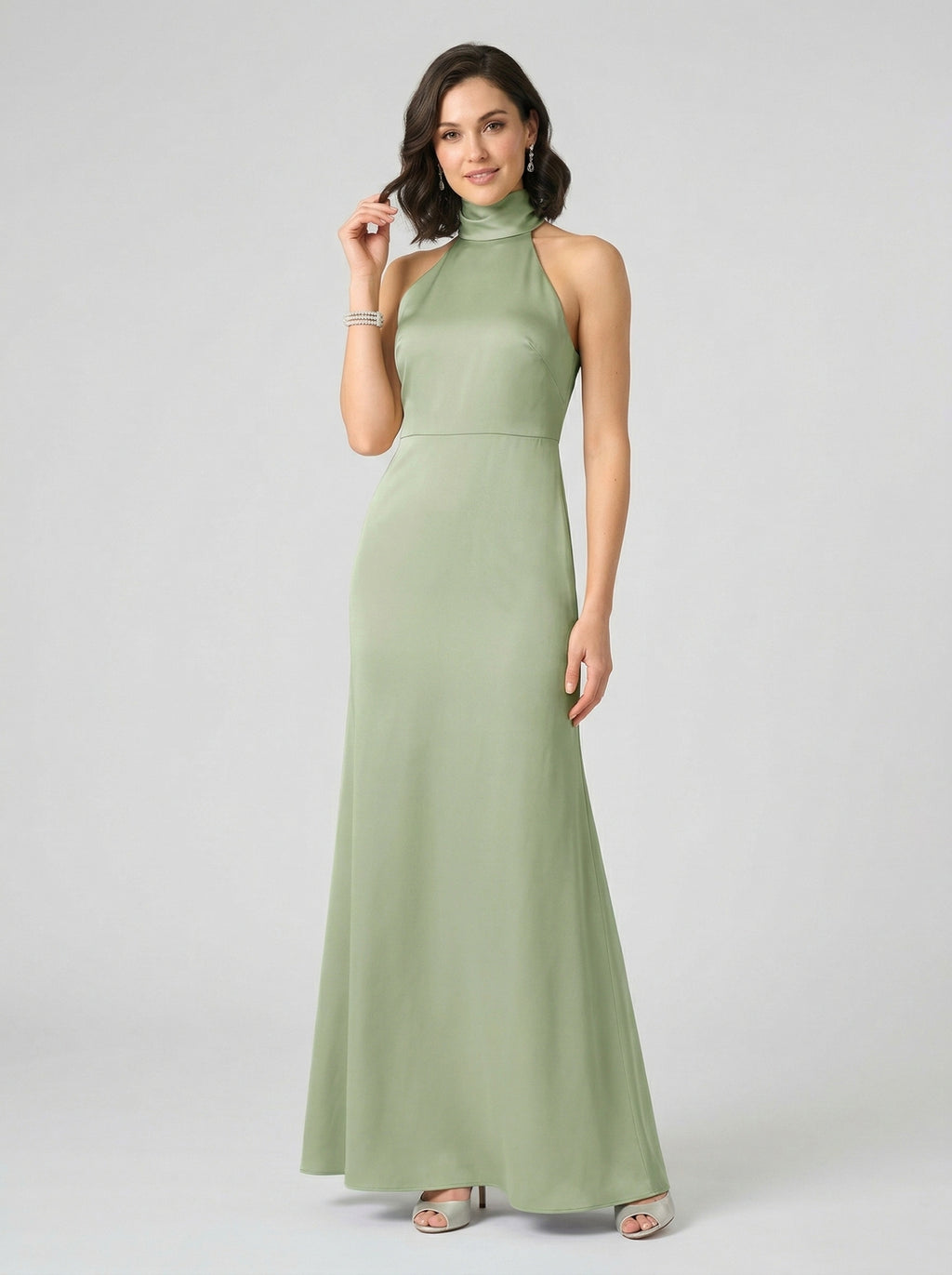 Elegant Dusty Sage Satin Column Halter Neck Backless Ankle-Length Bridesmaid Dress