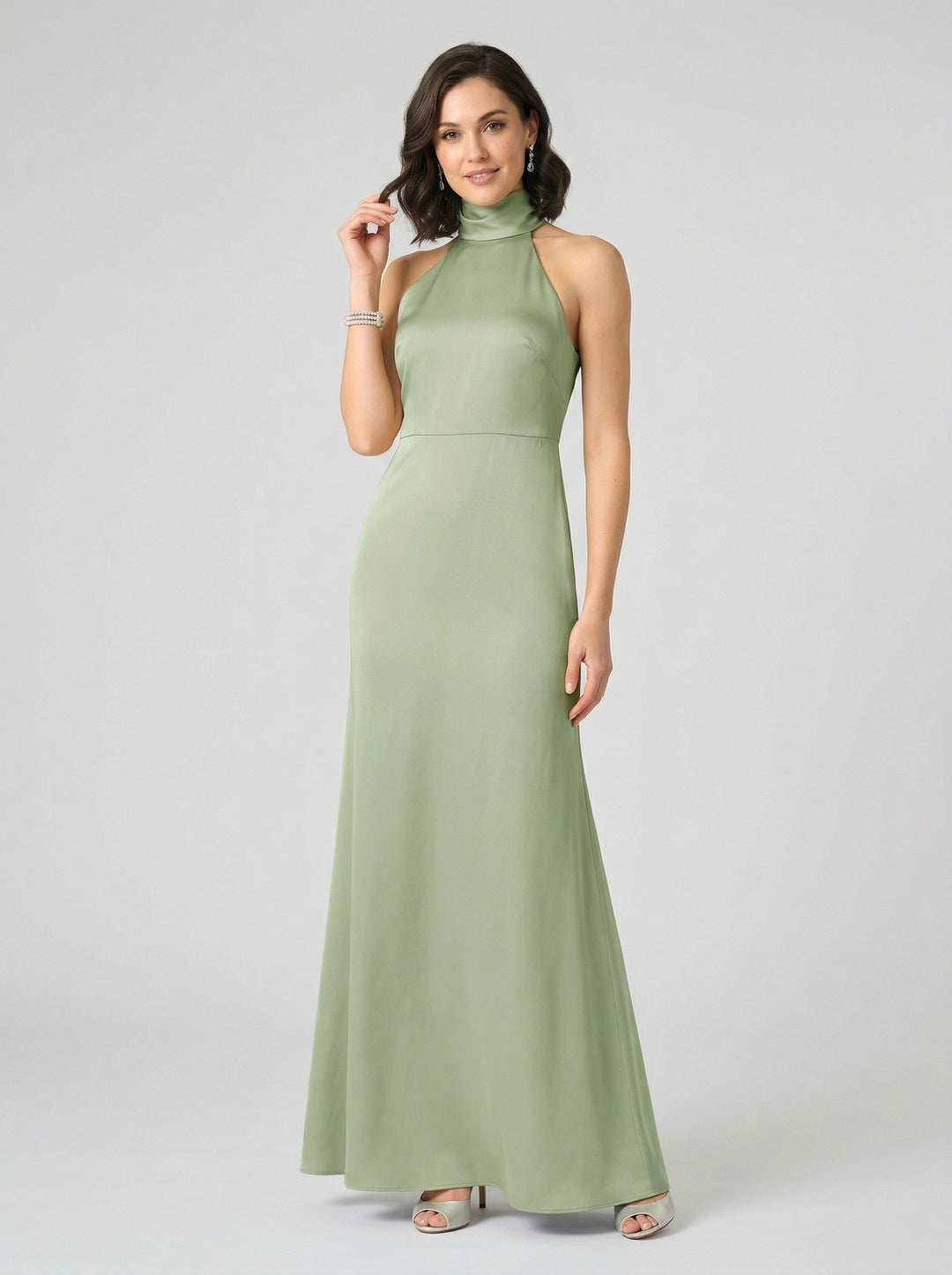 Elegant Dusty Sage Satin Column Halter Neck Backless Ankle-Length Bridesmaid Dress