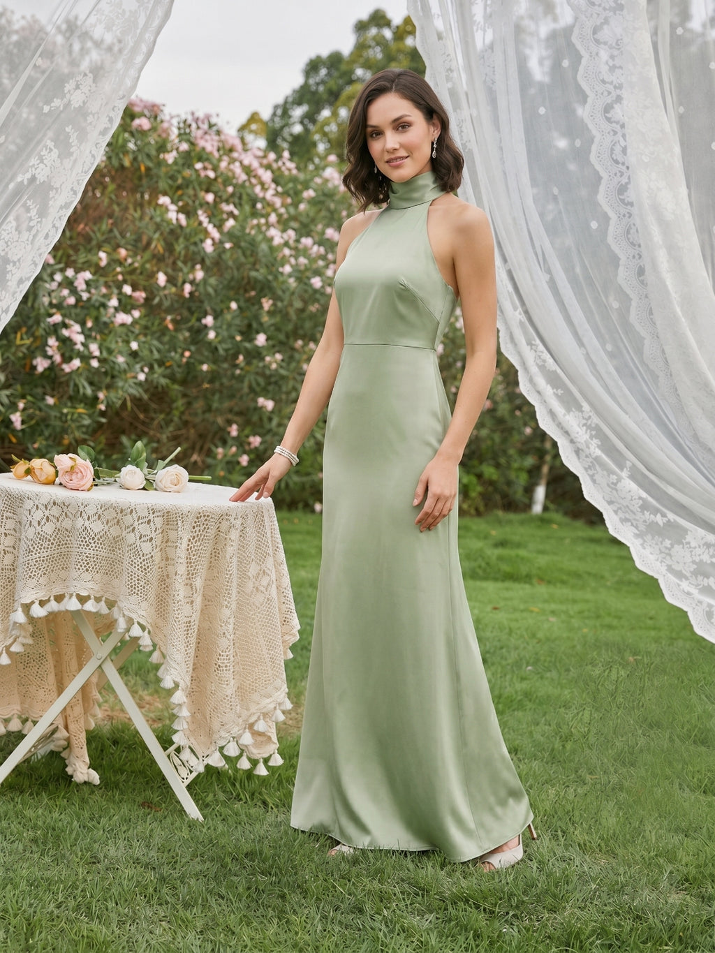 Elegant Dusty Sage Satin Column Halter Neck Backless Ankle-Length Bridesmaid Dress