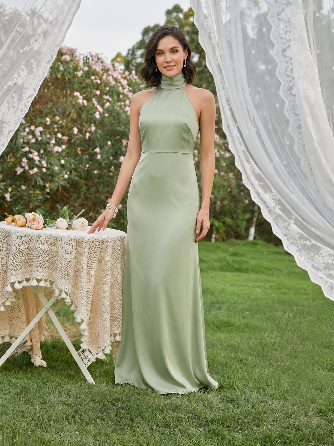 Elegant Dusty Sage Satin Column Halter Neck Backless Ankle-Length Bridesmaid Dress