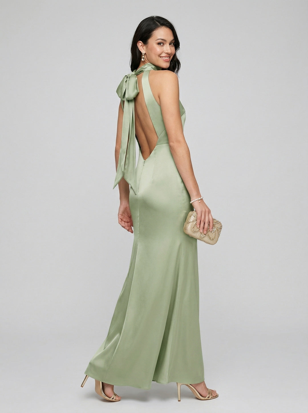 Elegant Dusty Sage Satin Column Halter Neck Backless Ankle-Length Bridesmaid Dress