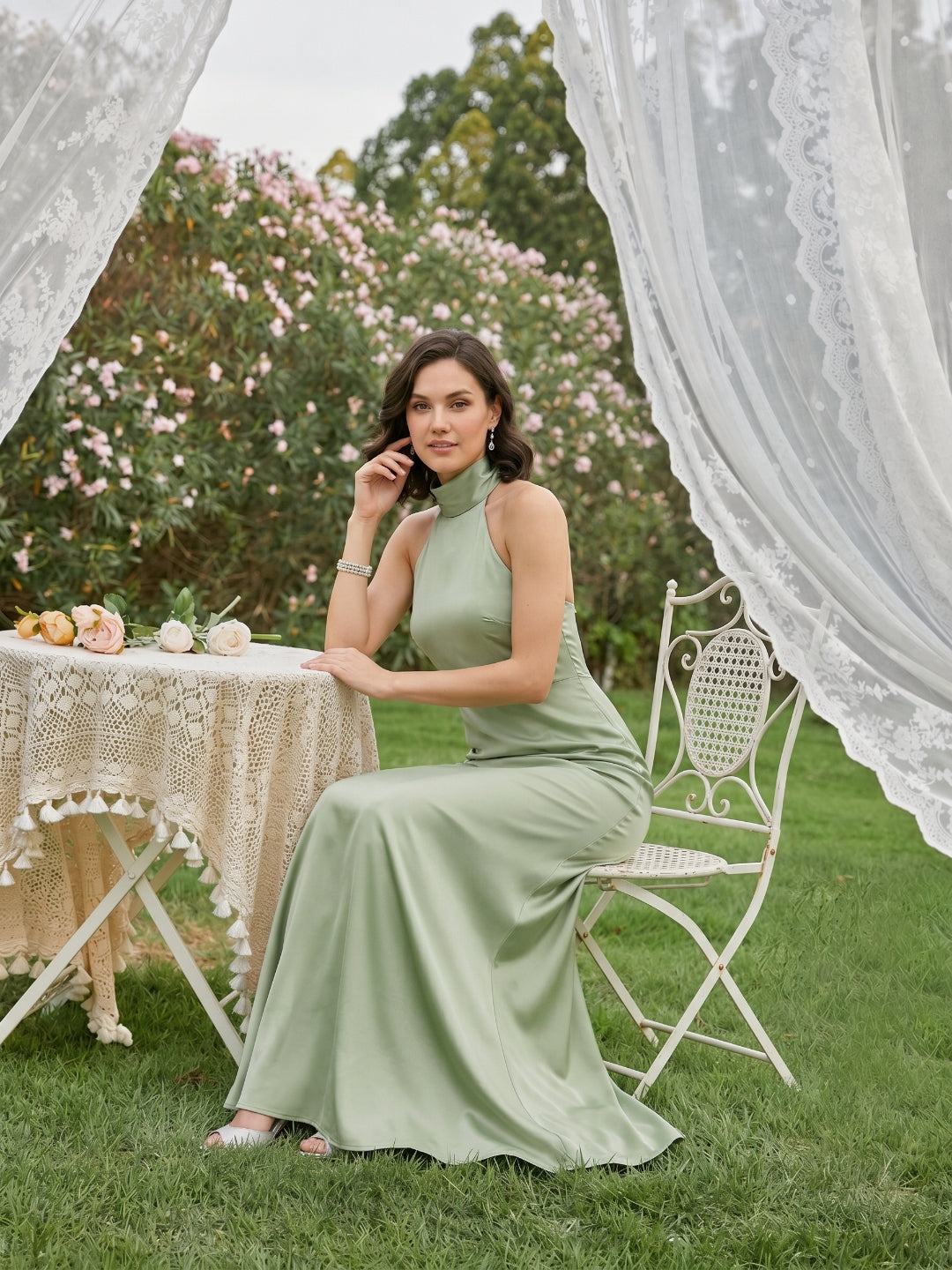 Elegant Dusty Sage Satin Column Halter Neck Backless Ankle-Length Bridesmaid Dress