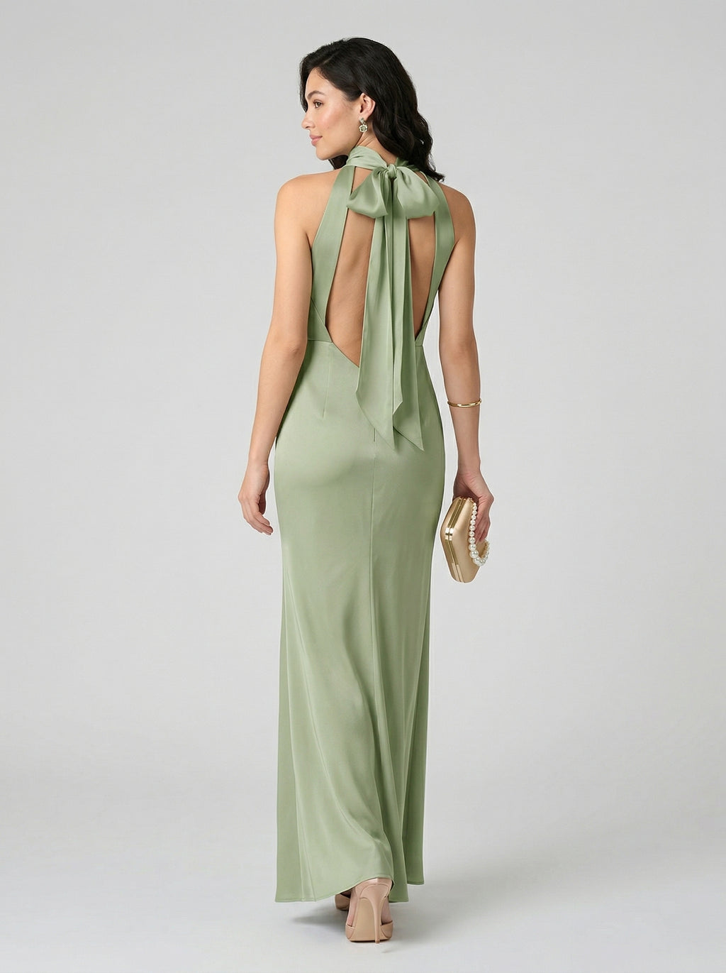 Elegant Dusty Sage Satin Column Halter Neck Backless Ankle-Length Bridesmaid Dress