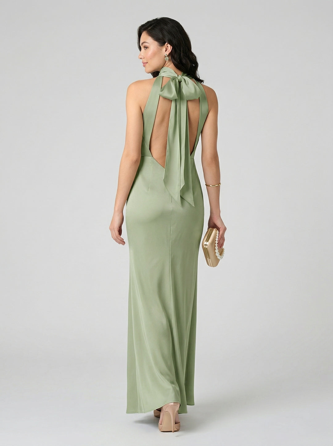 Elegant Dusty Sage Satin Column Halter Neck Backless Ankle-Length Bridesmaid Dress