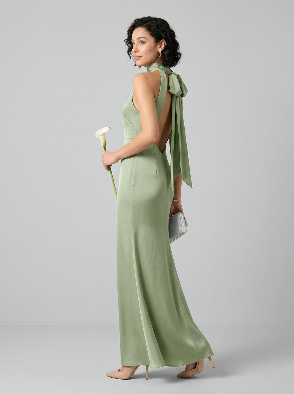 Elegant Dusty Sage Satin Column Halter Neck Backless Ankle-Length Bridesmaid Dress