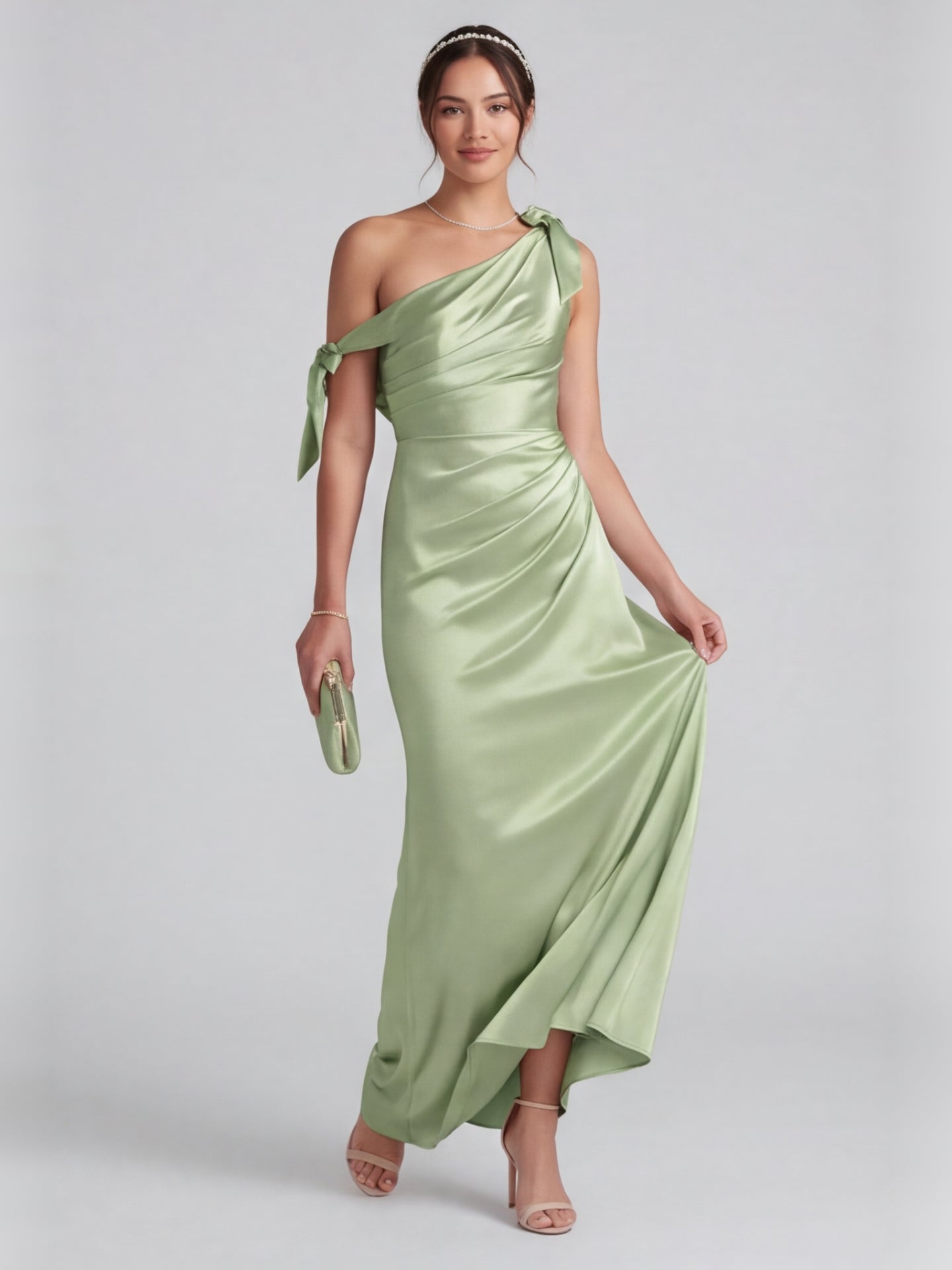 Elegant Dusty Sage Satin Column One Shoulder Back Zip with Bow Ankle-Length Bridesmaid Dress