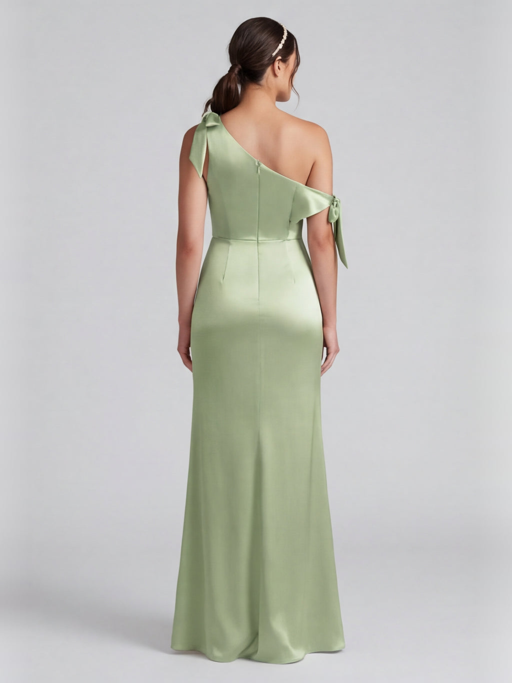 Elegant Dusty Sage Satin Column One Shoulder Back Zip with Bow Ankle-Length Bridesmaid Dress
