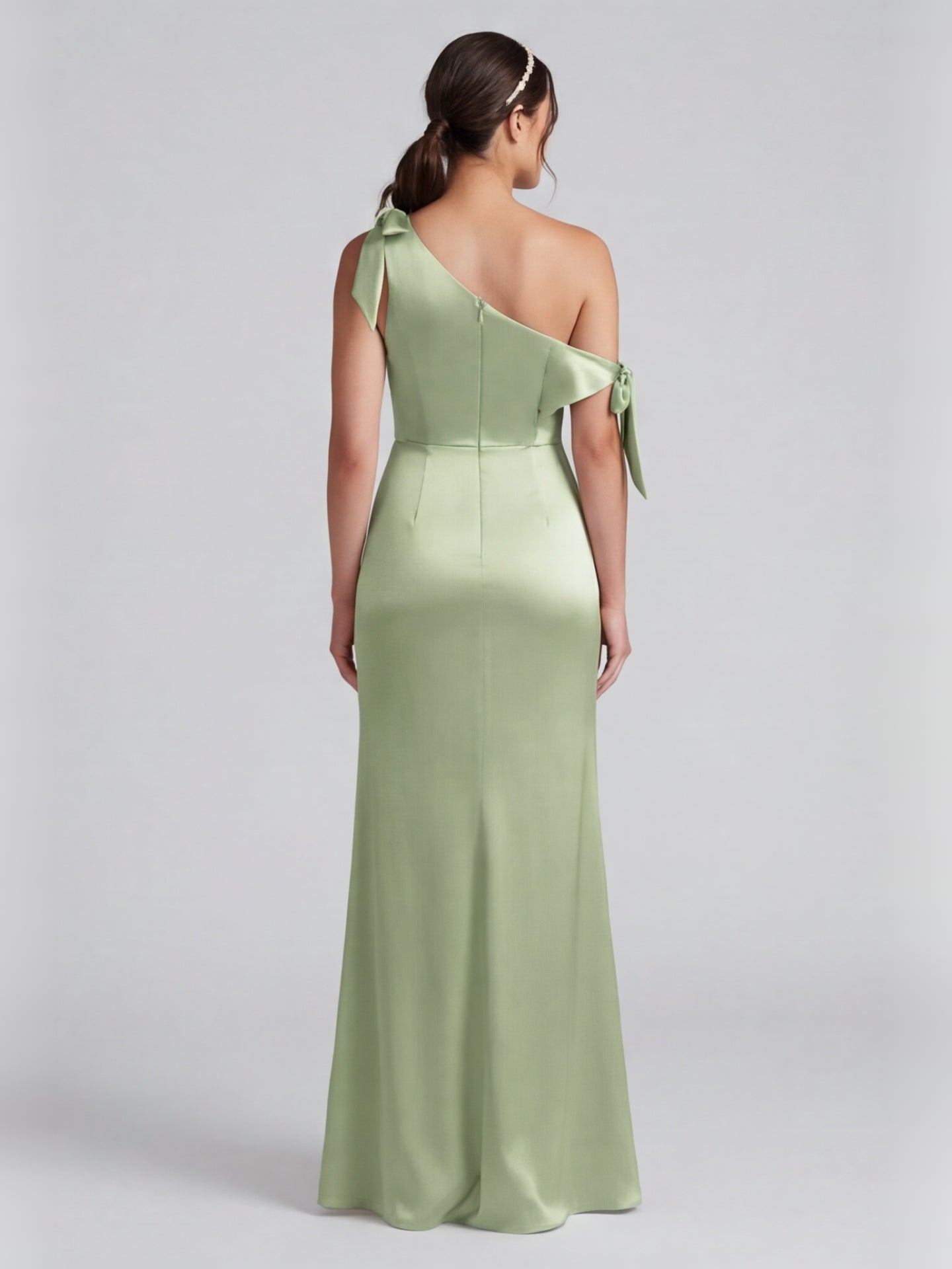 Elegant Dusty Sage Satin Column One Shoulder Back Zip with Bow Ankle-Length Bridesmaid Dress