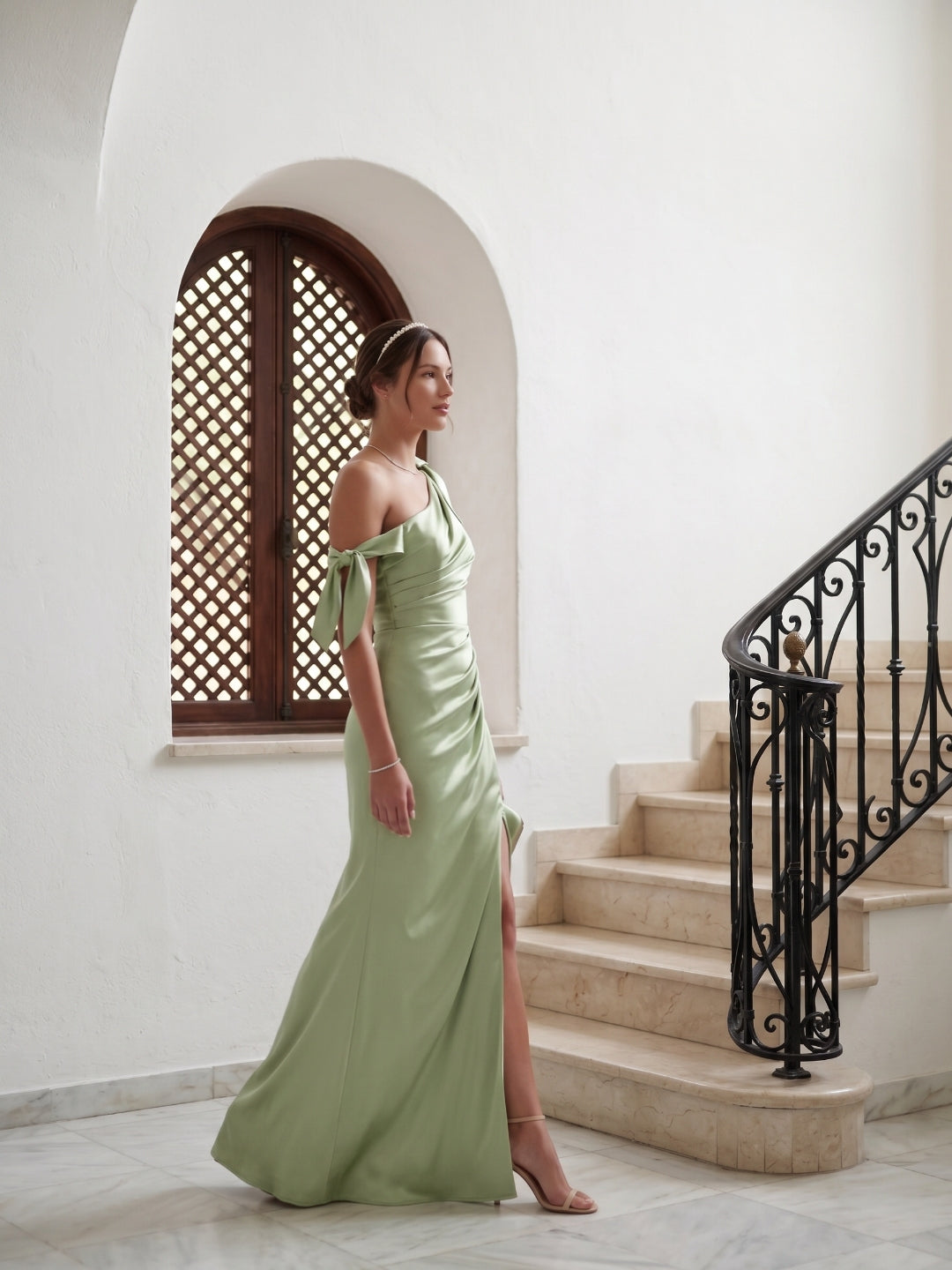 Elegant Dusty Sage Satin Column One Shoulder Back Zip with Bow Ankle-Length Bridesmaid Dress