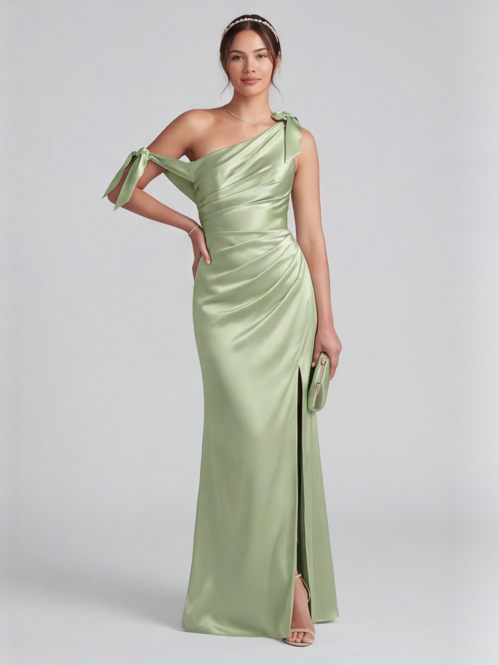 Elegant Dusty Sage Satin Column One Shoulder Back Zip with Bow Ankle-Length Bridesmaid Dress