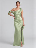 Elegant Dusty Sage Satin Column One Shoulder Back Zip with Bow Ankle-Length Bridesmaid Dress