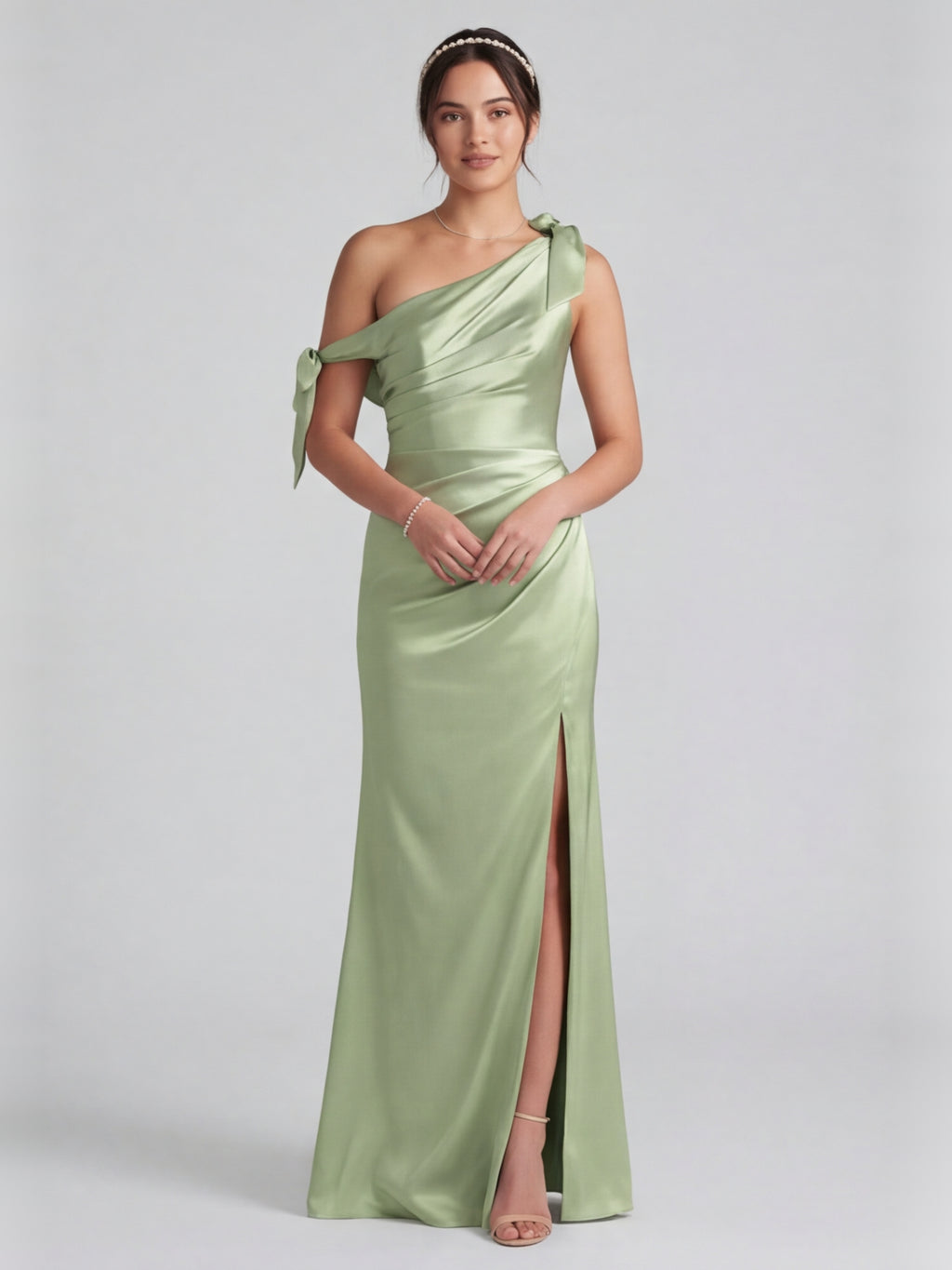 Elegant Dusty Sage Satin Column One Shoulder Back Zip with Bow Ankle-Length Bridesmaid Dress