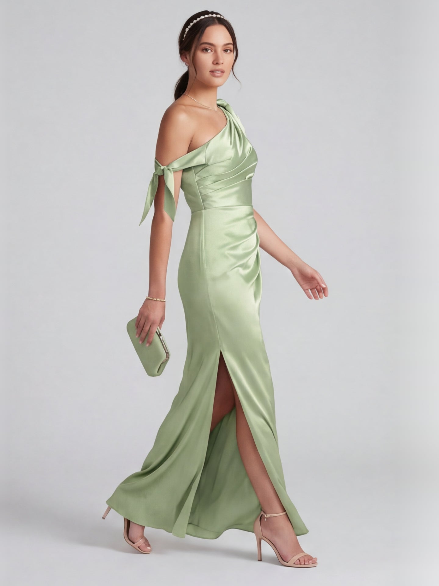 Elegant Dusty Sage Satin Column One Shoulder Back Zip with Bow Ankle-Length Bridesmaid Dress