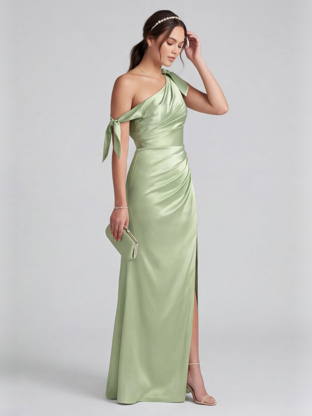 Elegant Dusty Sage Satin Column One Shoulder Back Zip with Bow Ankle-Length Bridesmaid Dress