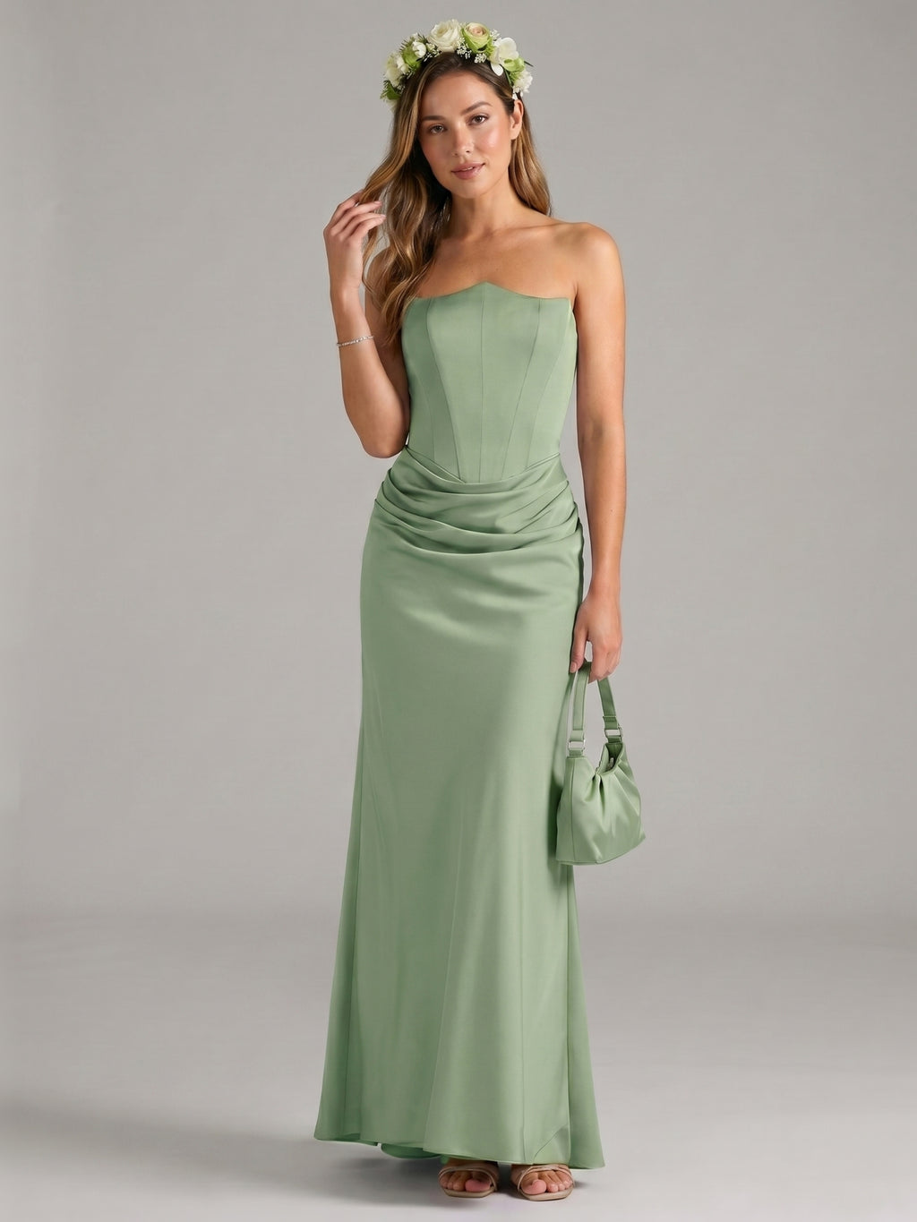 Elegant Dusty Sage Satin Mermaid Off-the-Shoulder Back Zip Ankle-Length Bridesmaid Dress