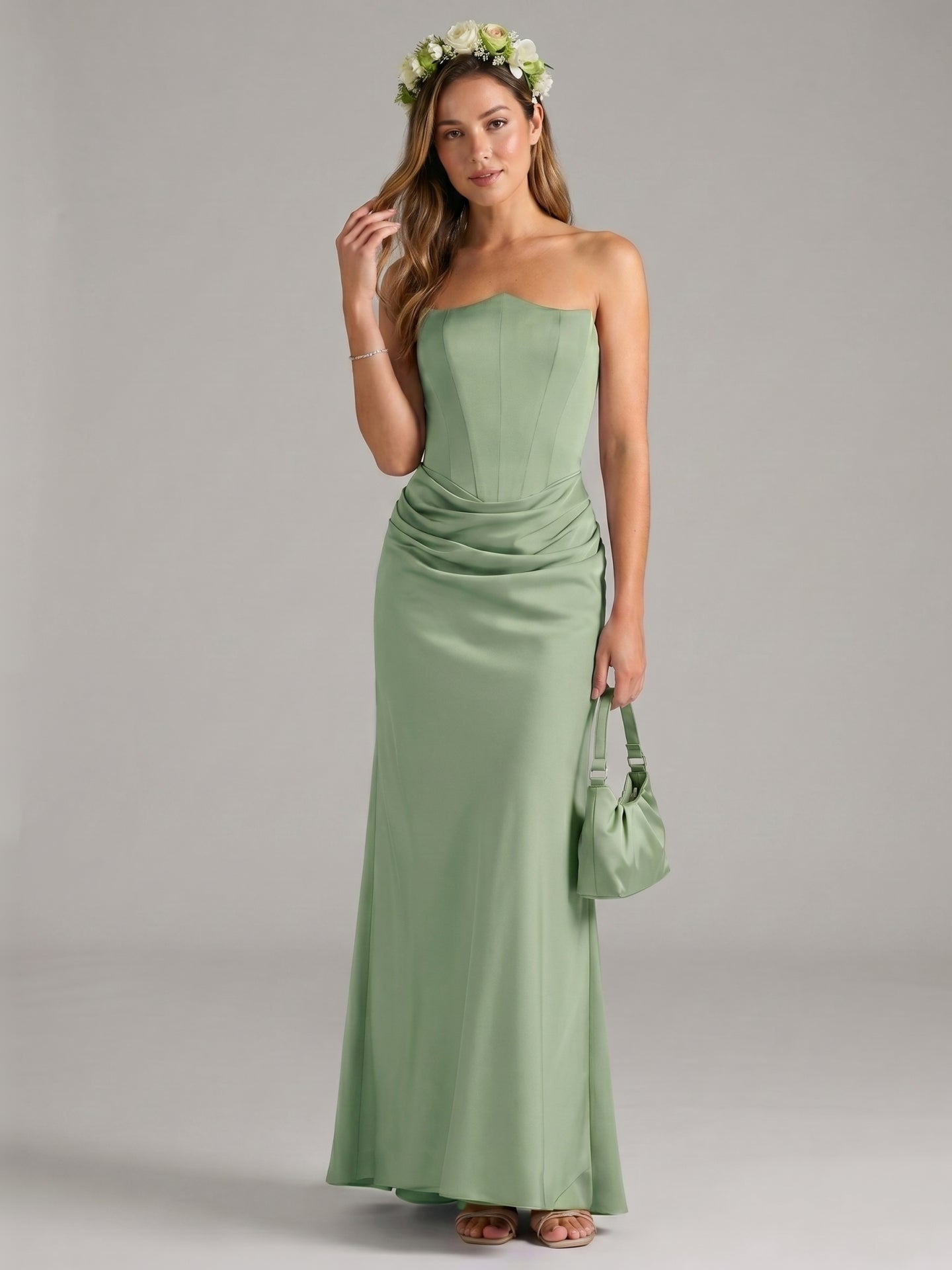 Elegant Dusty Sage Satin Mermaid Off-the-Shoulder Back Zip Ankle-Length Bridesmaid Dress