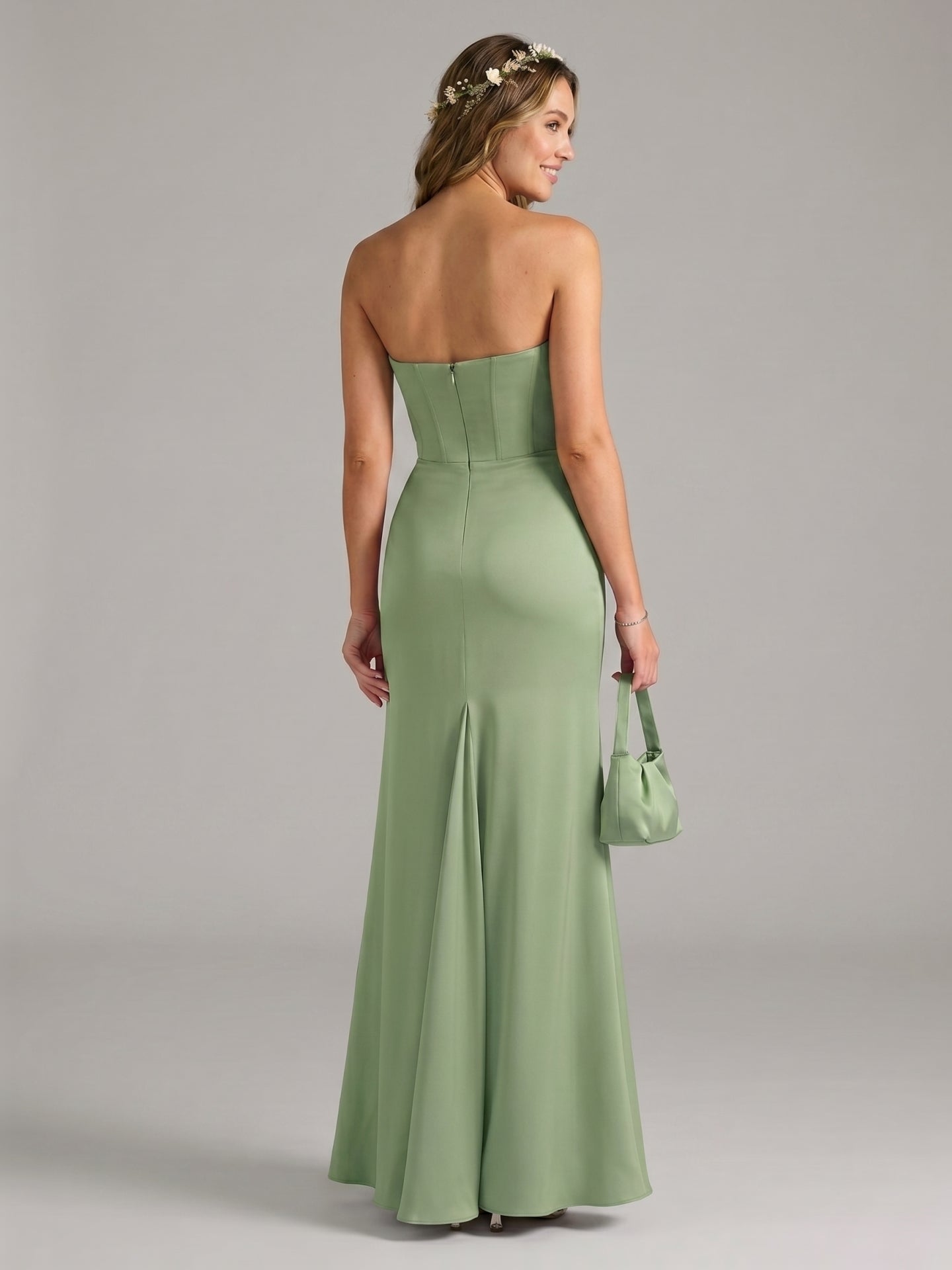 Elegant Dusty Sage Satin Mermaid Off-the-Shoulder Back Zip Ankle-Length Bridesmaid Dress