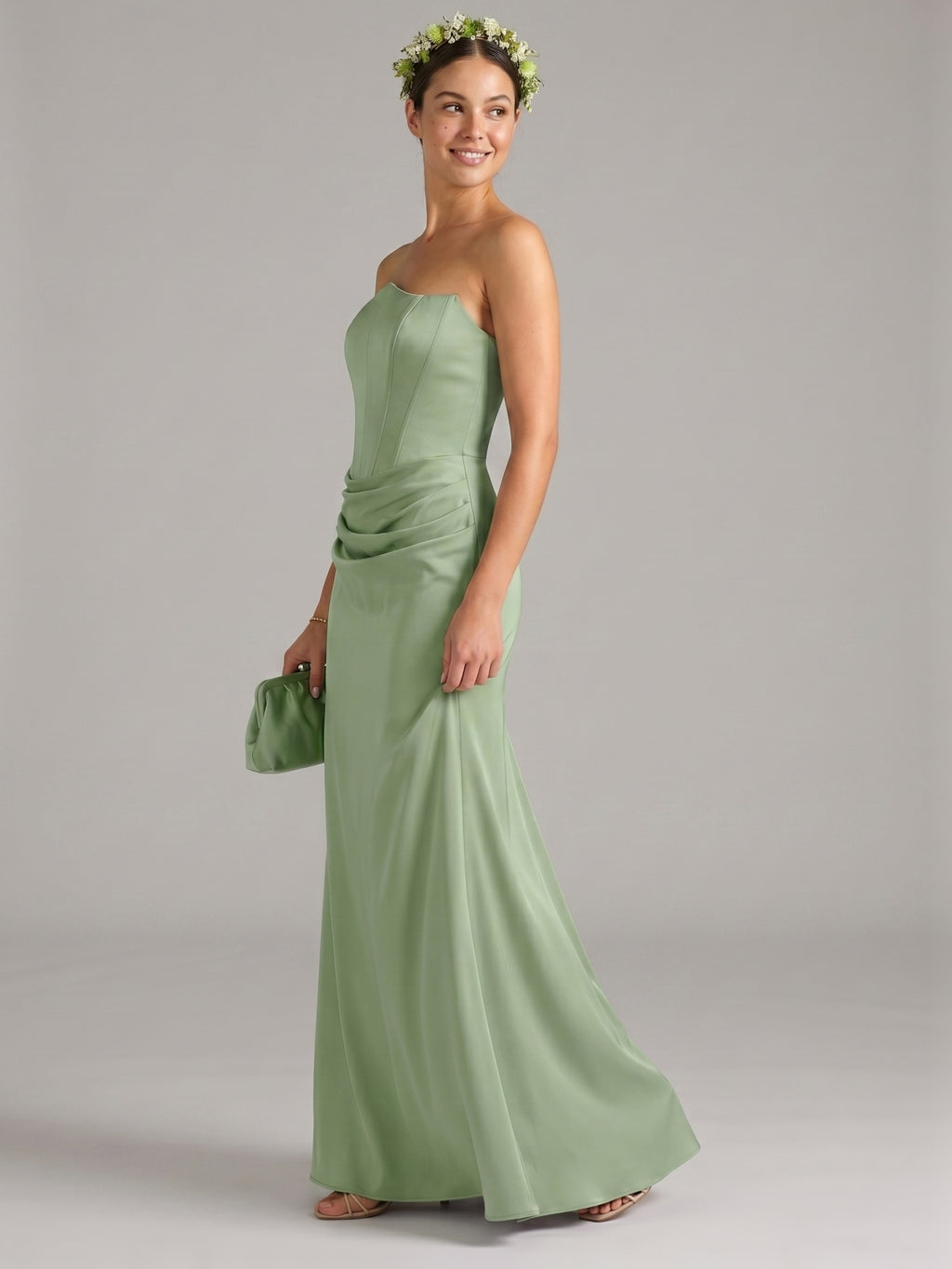 Elegant Dusty Sage Satin Mermaid Off-the-Shoulder Back Zip Ankle-Length Bridesmaid Dress