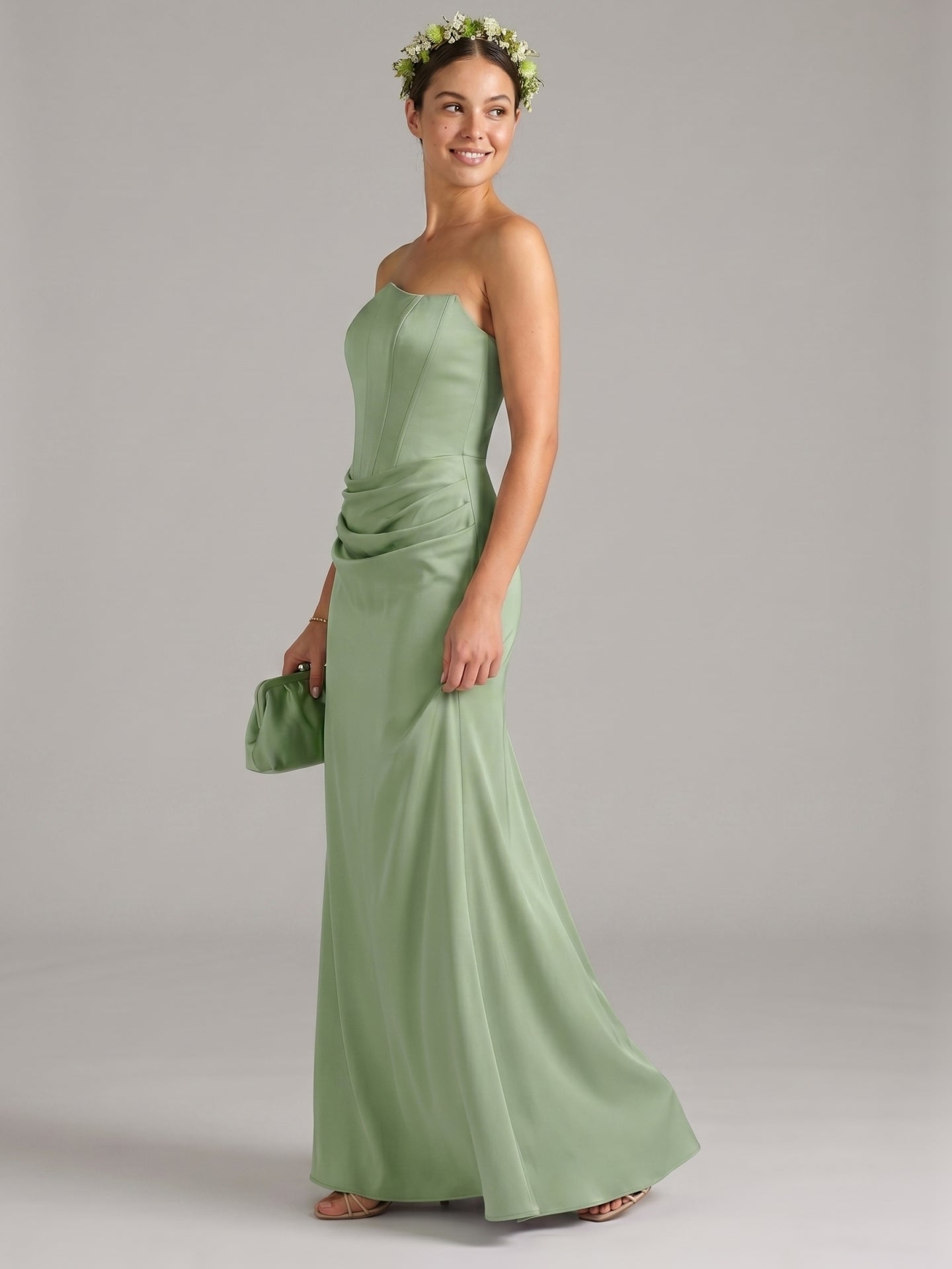 Elegant Dusty Sage Satin Mermaid Off-the-Shoulder Back Zip Ankle-Length Bridesmaid Dress