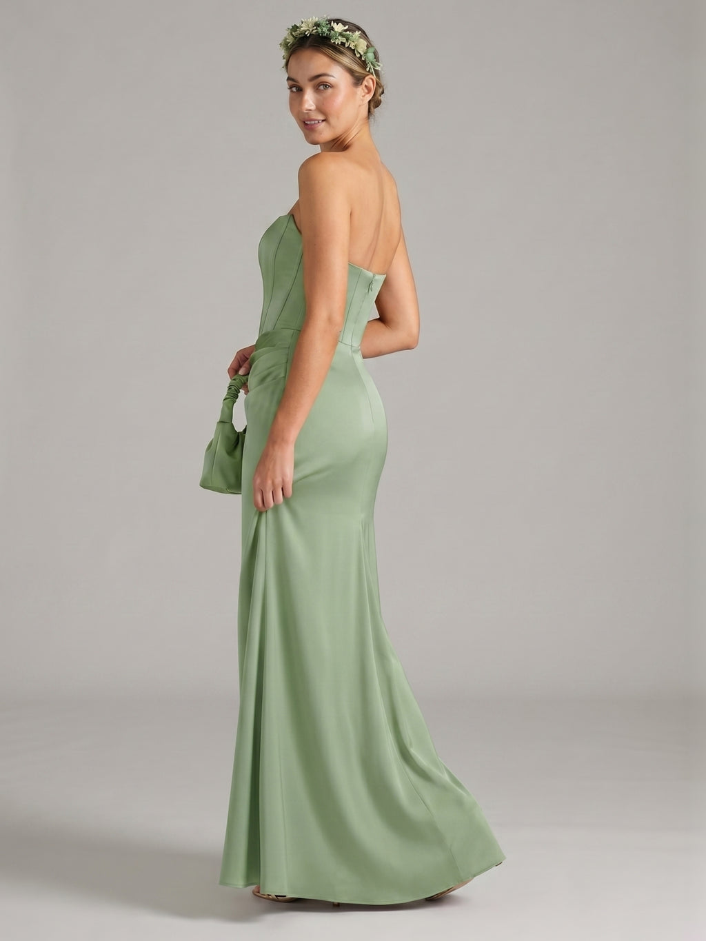 Elegant Dusty Sage Satin Mermaid Off-the-Shoulder Back Zip Ankle-Length Bridesmaid Dress