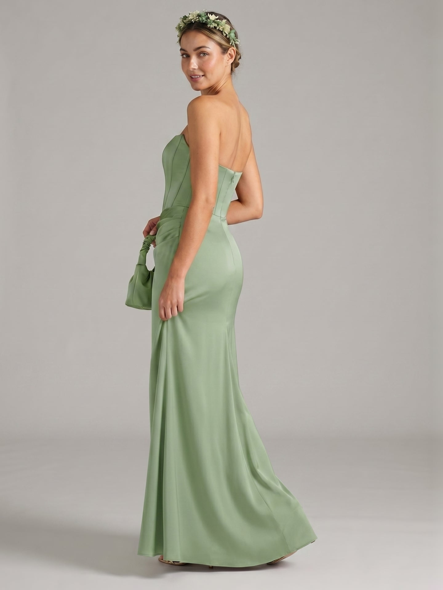 Elegant Dusty Sage Satin Mermaid Off-the-Shoulder Back Zip Ankle-Length Bridesmaid Dress