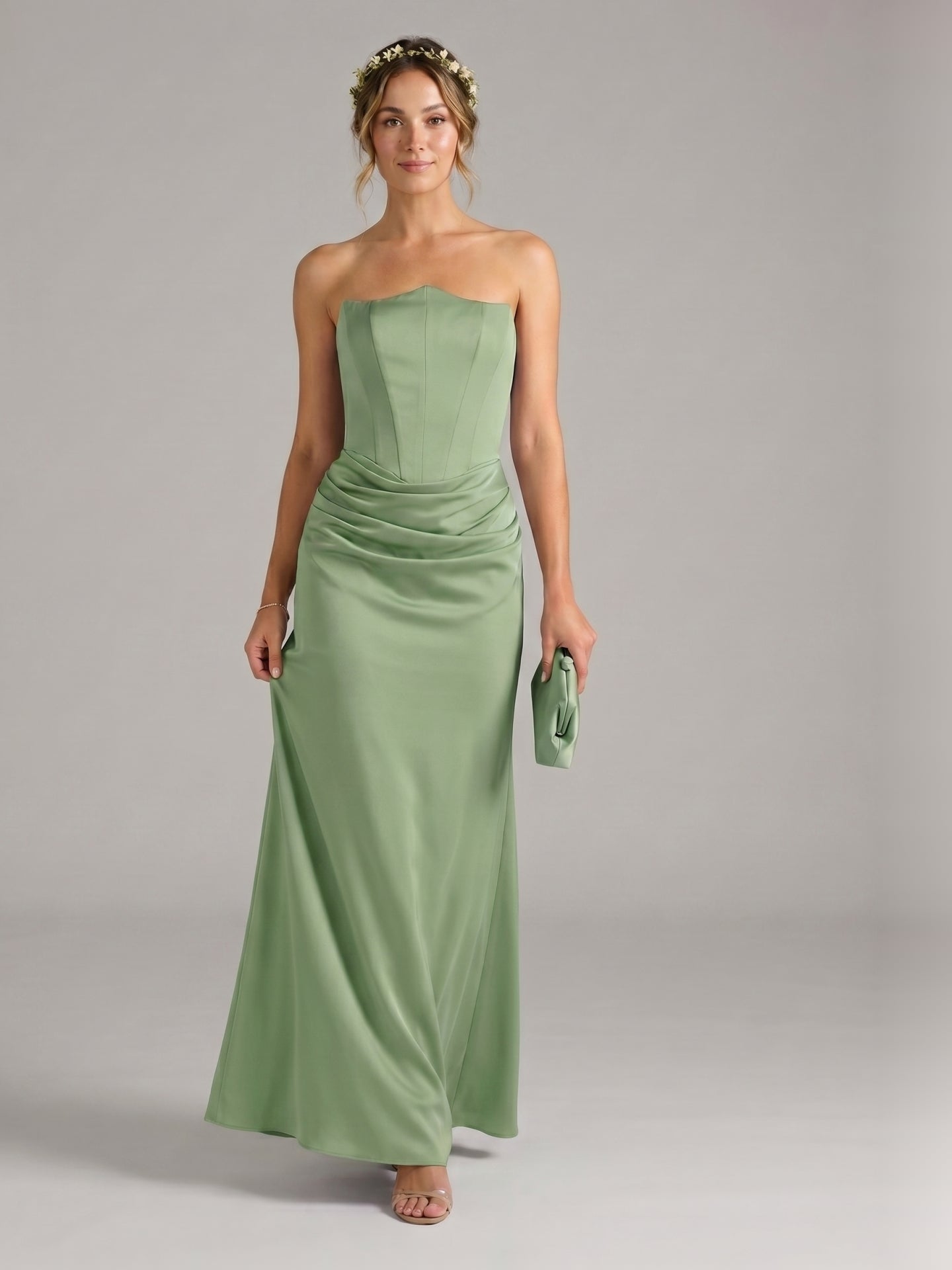 Elegant Dusty Sage Satin Mermaid Off-the-Shoulder Back Zip Ankle-Length Bridesmaid Dress