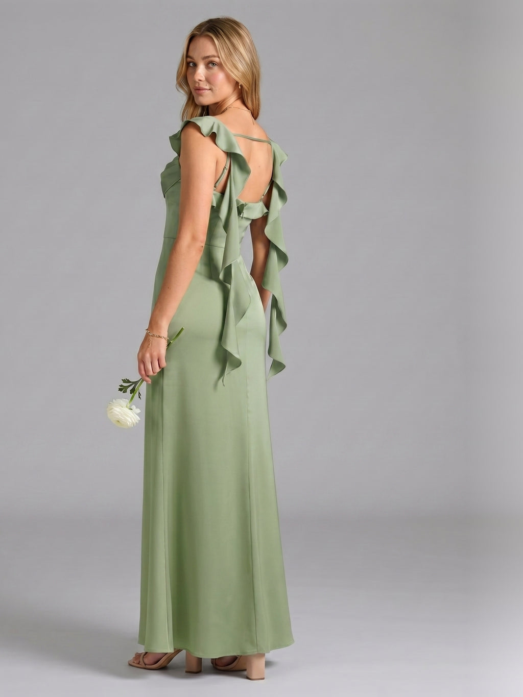 Elegant Dusty Sage Satin Mermaid Square Neck Back Zip Ankle-Length Bridesmaid Dress