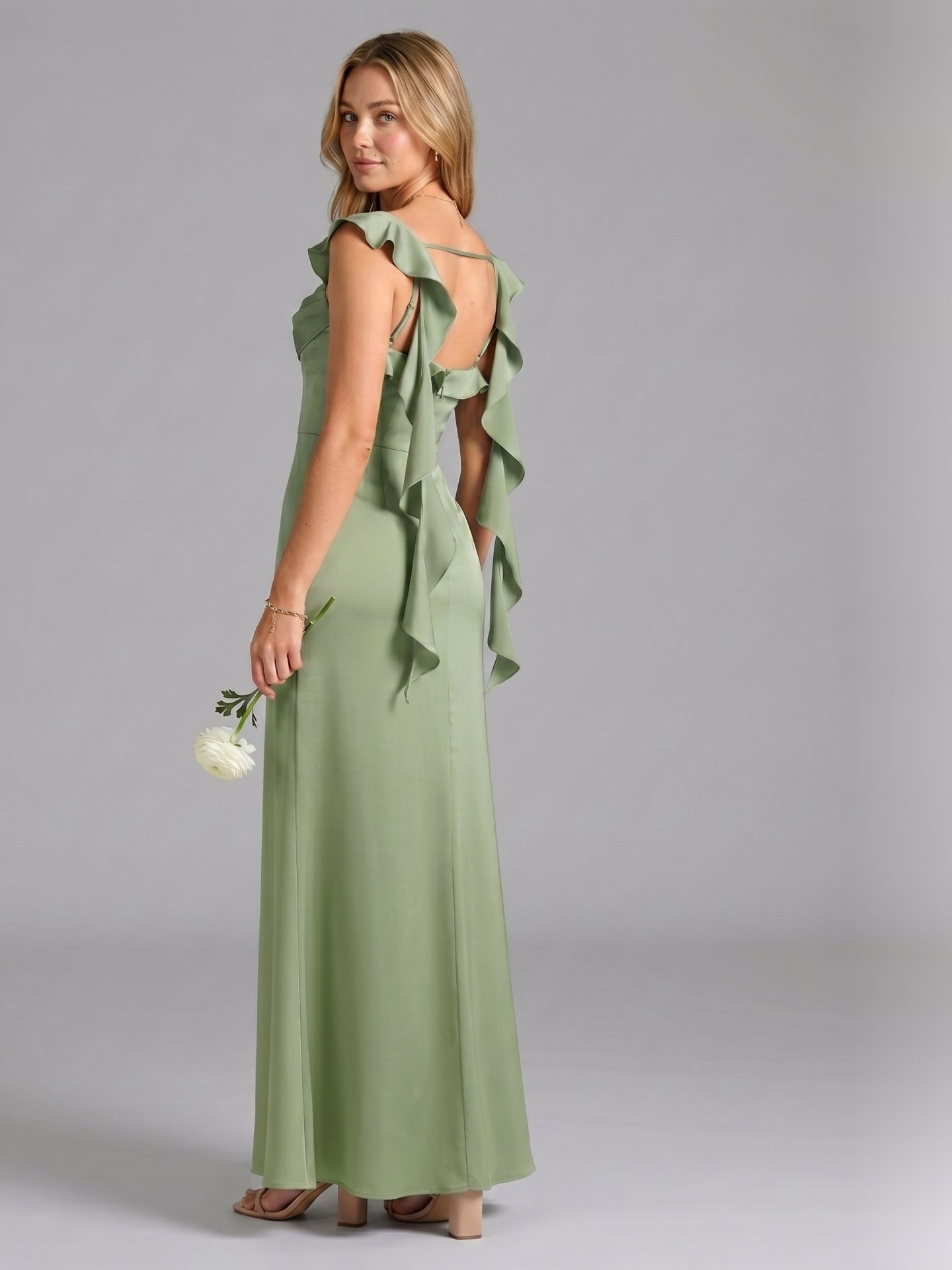 Elegant Dusty Sage Satin Mermaid Square Neck Back Zip Ankle-Length Bridesmaid Dress