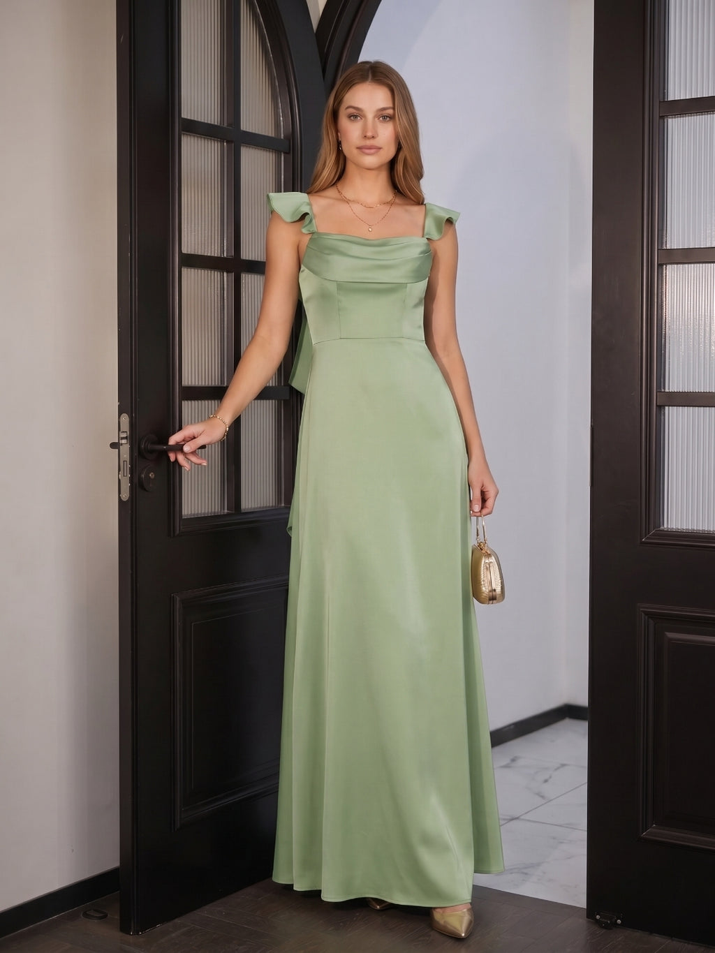 Elegant Dusty Sage Satin Mermaid Square Neck Back Zip Ankle-Length Bridesmaid Dress