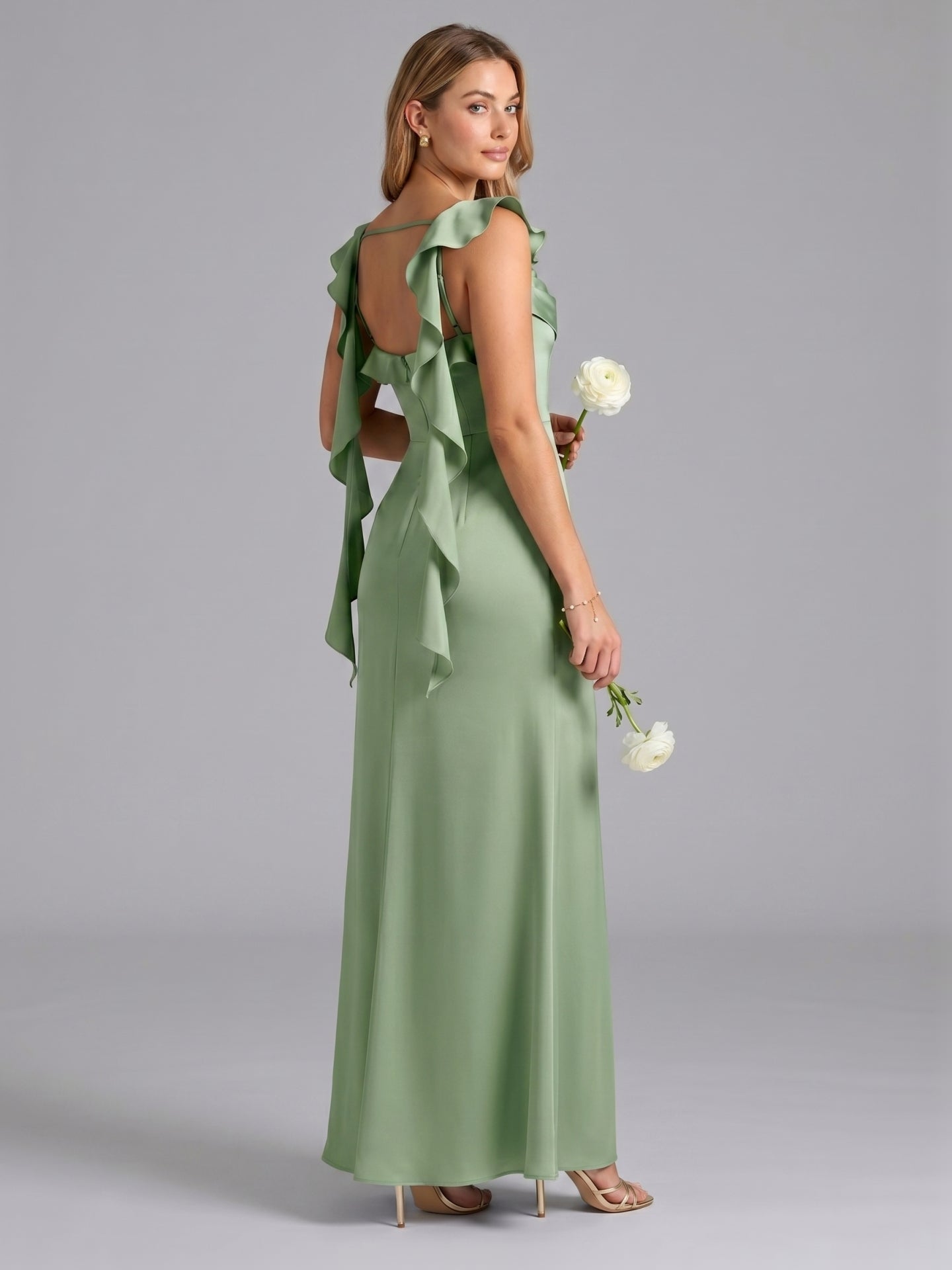 Elegant Dusty Sage Satin Mermaid Square Neck Back Zip Ankle-Length Bridesmaid Dress